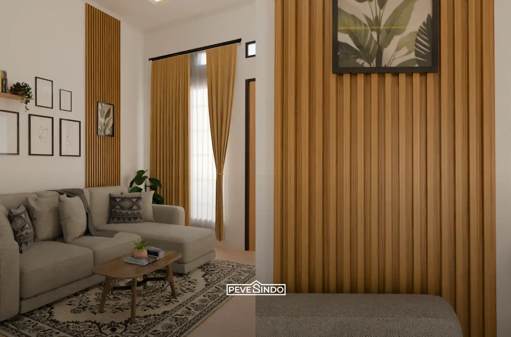 Wallpanel motif kayu vertikal pada ruang tamu minimalis agar terlihat lebih luas dan elegan.