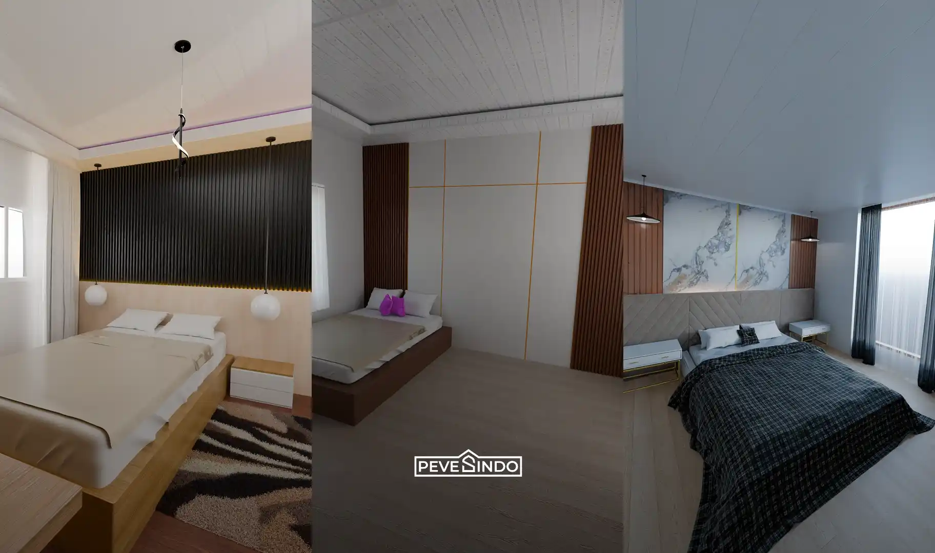 Partisi wallpanel WPC pada sudut kamar tidur untuk area wardrobe mini yang simpel dan modern.