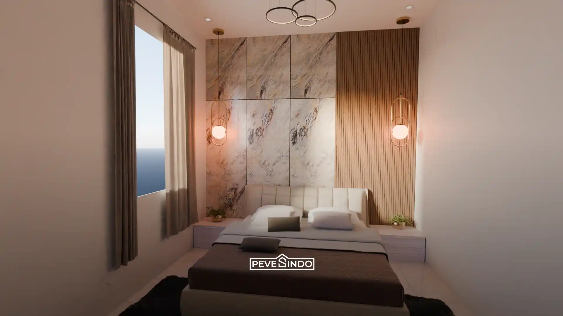 Wallpanel WPC pada area samping tempat tidur untuk menyembunyikan kabel agar kamar terlihat lebih rapi.