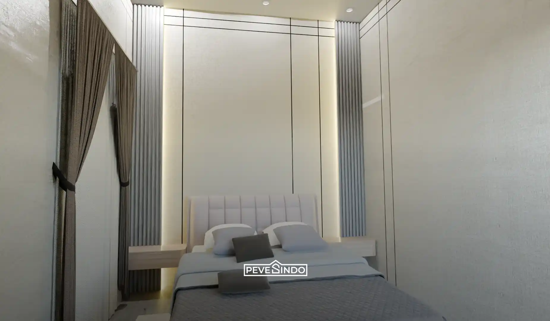 Wallpanel WPC motif garis vertikal pada kamar tidur untuk menciptakan efek ruangan lebih tinggi dan lega.