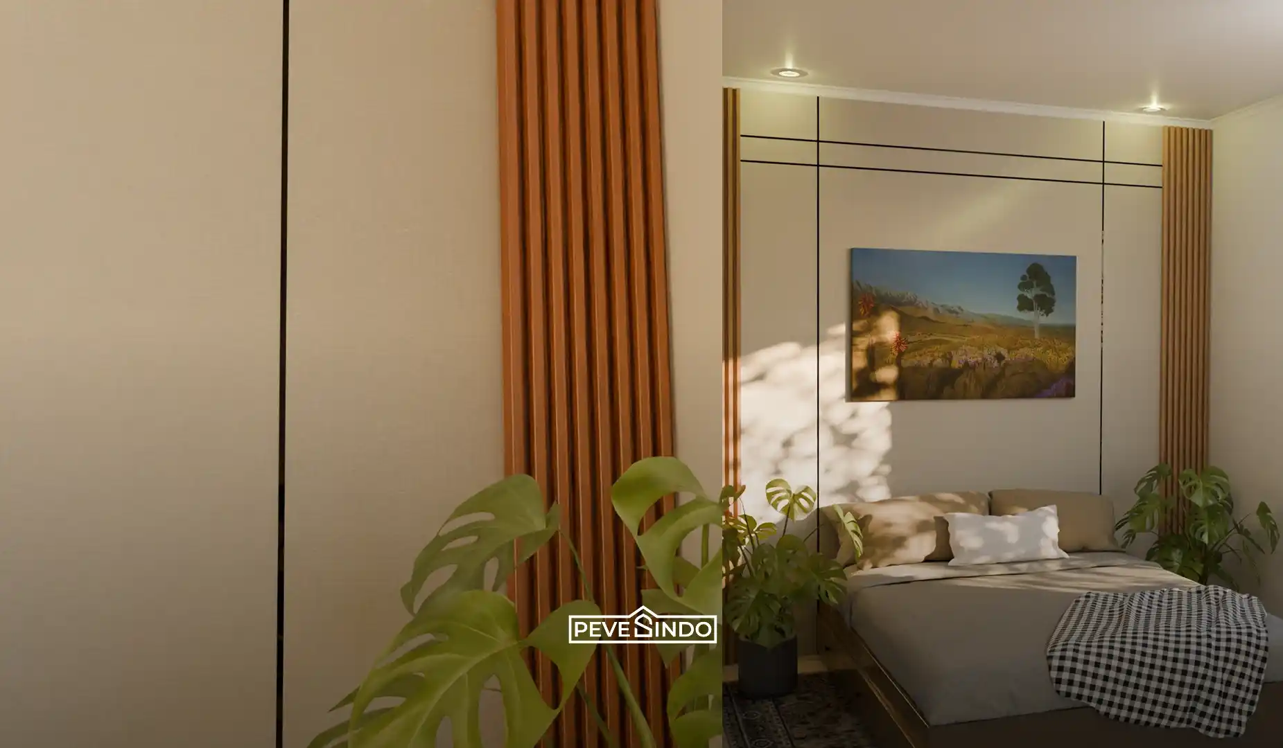 Wallpanel WPC digunakan sebagai headboard tempat tidur agar dinding belakang kasur lebih rapi dan tidak mudah kotor.