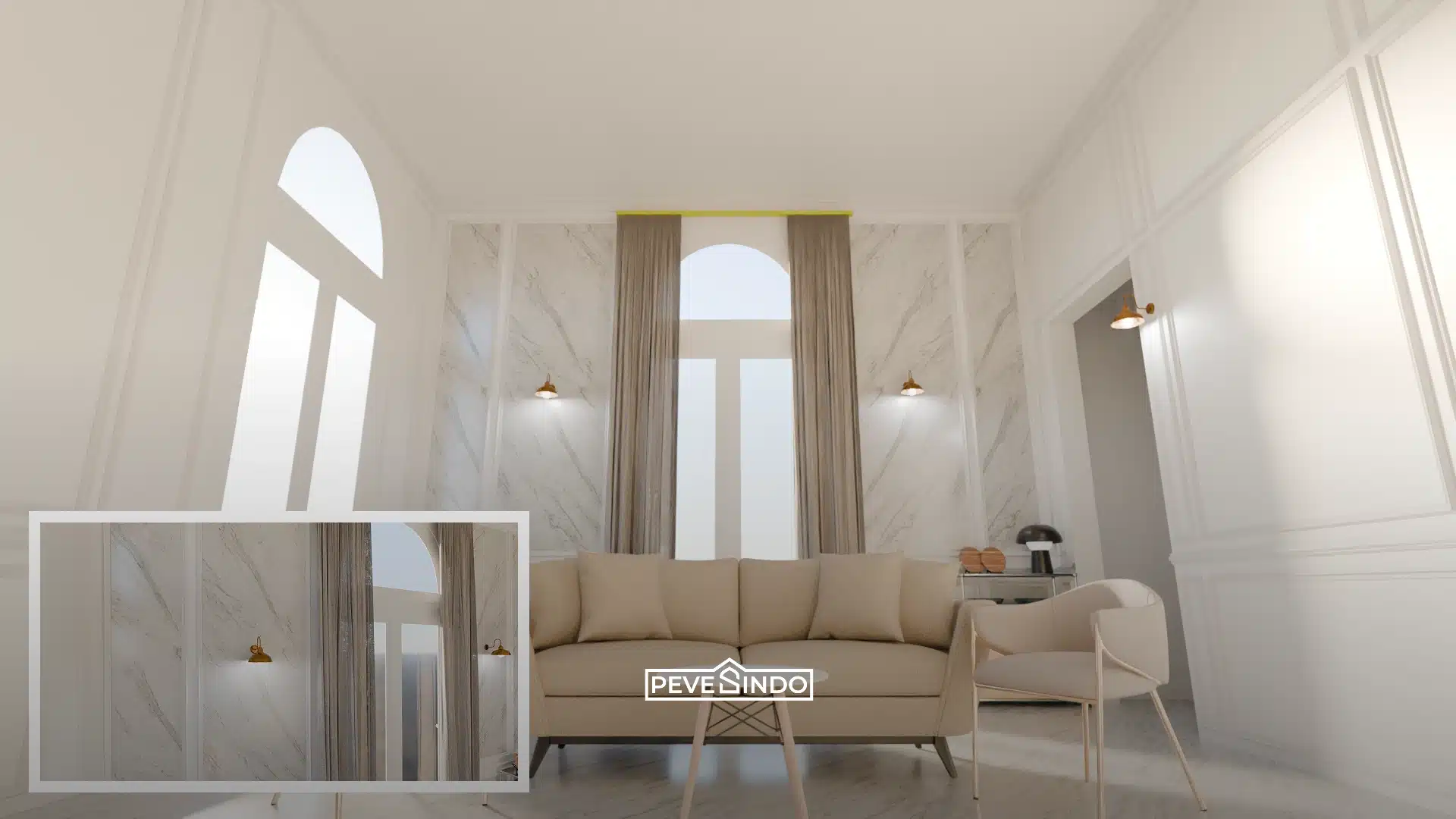 Desain interior ruang tamu klasik modern bernuansa putih dengan plafon tinggi, menampilkan aksen dinding UV board motif marmer yang mengapit jendela lengkung beserta sofa berwarna krem.