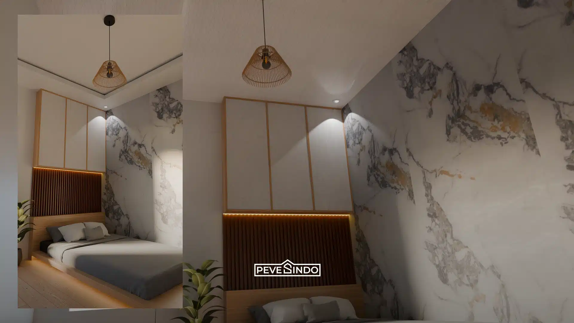 Desain interior kamar tidur estetik bergaya Japandi modern dengan dinding aksen menggunakan UV board motif marmer putih urat abu-abu yang disandingkan dengan wallpanel WPC kayu pada area headboard.