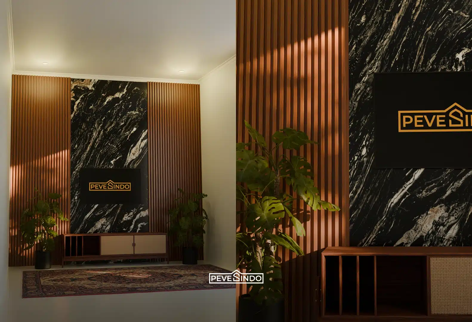 Backdrop TV ruang keluarga bernuansa gelap elegan menggunakan panel tengah UV board motif marmer hitam yang dipadukan dengan wallpanel WPC kisi-kisi kayu cokelat.