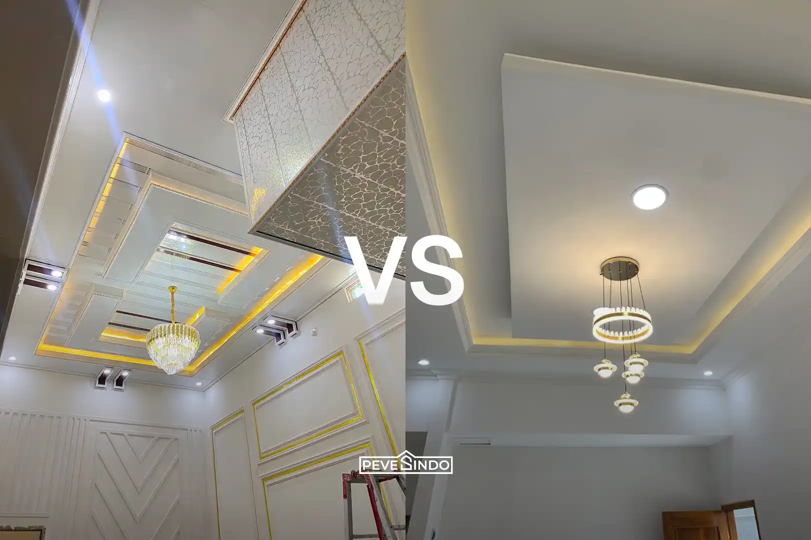 Ruang keluarga modern menggunakan plafon PVC motif kayu dengan suasana terang dan nyaman.