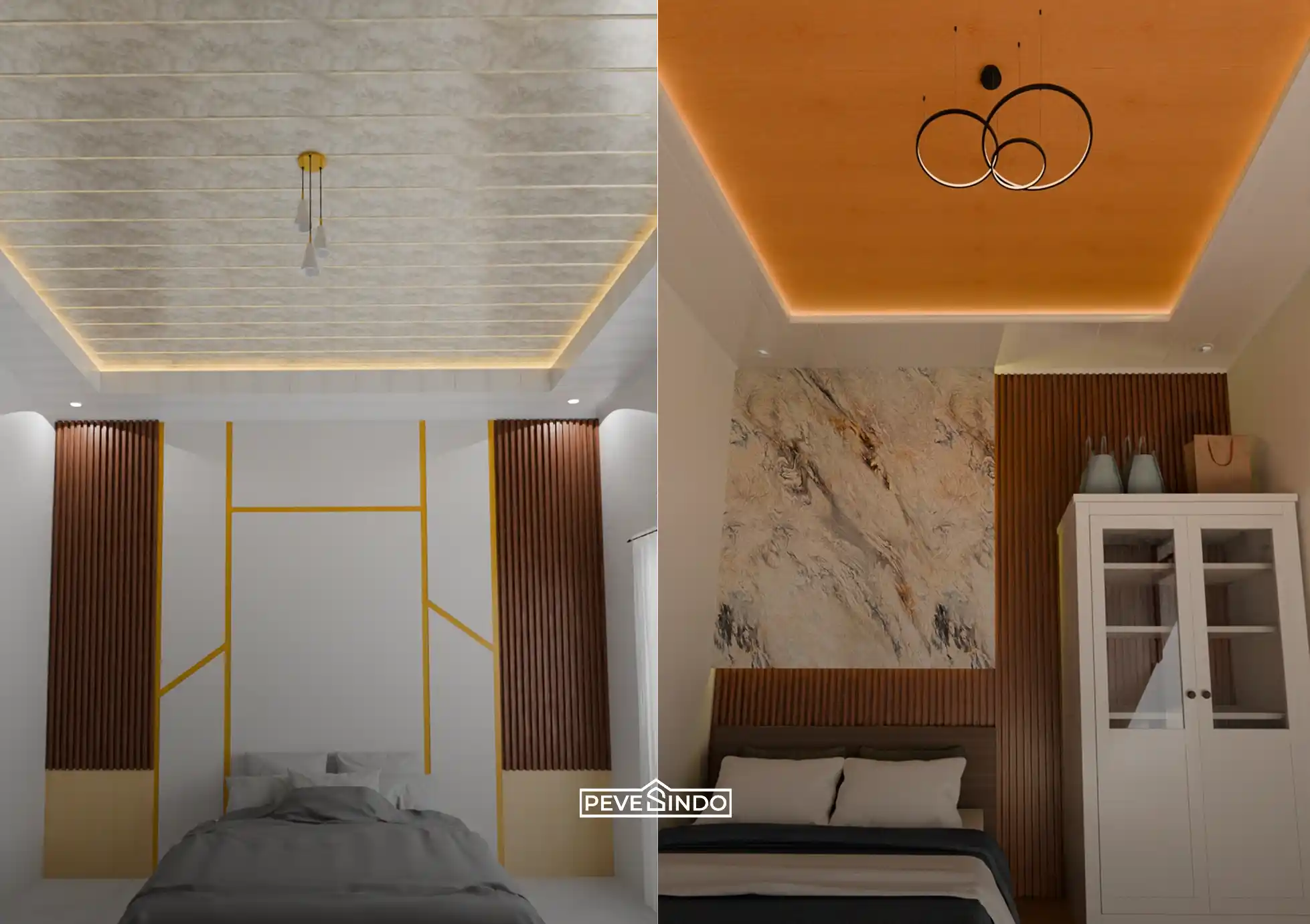 Kamar tidur dengan plafon PVC motif elegan yang terlihat bersih dan rapi.
