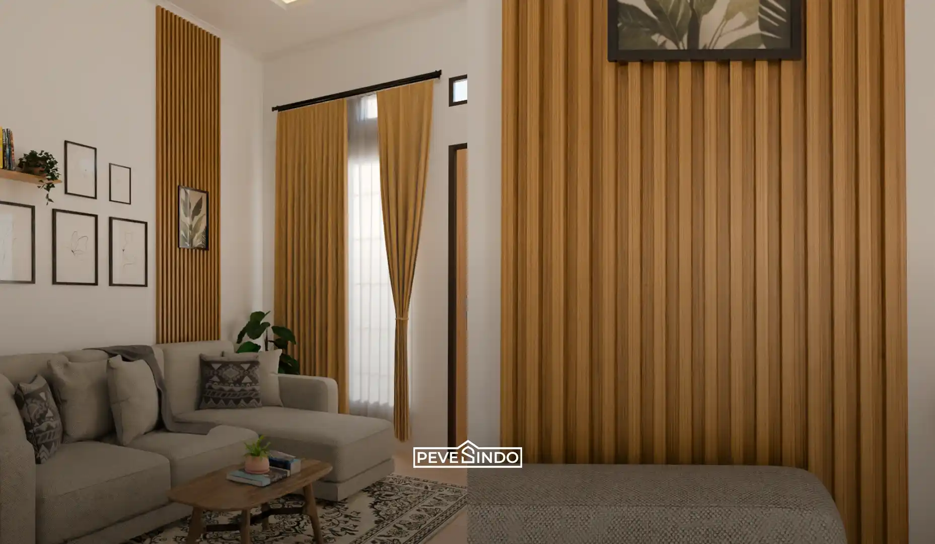 Inspirasi desain ruang keluarga menggunakan wall panel WPC motif kayu yang hangat dan elegan.