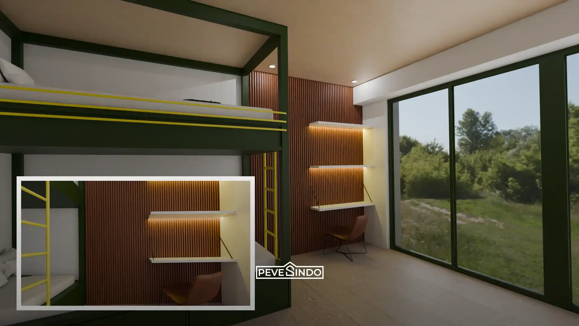 Kamar tidur dengan wall panel WPC motif kayu yang menutupi retakan dinding secara rapi.