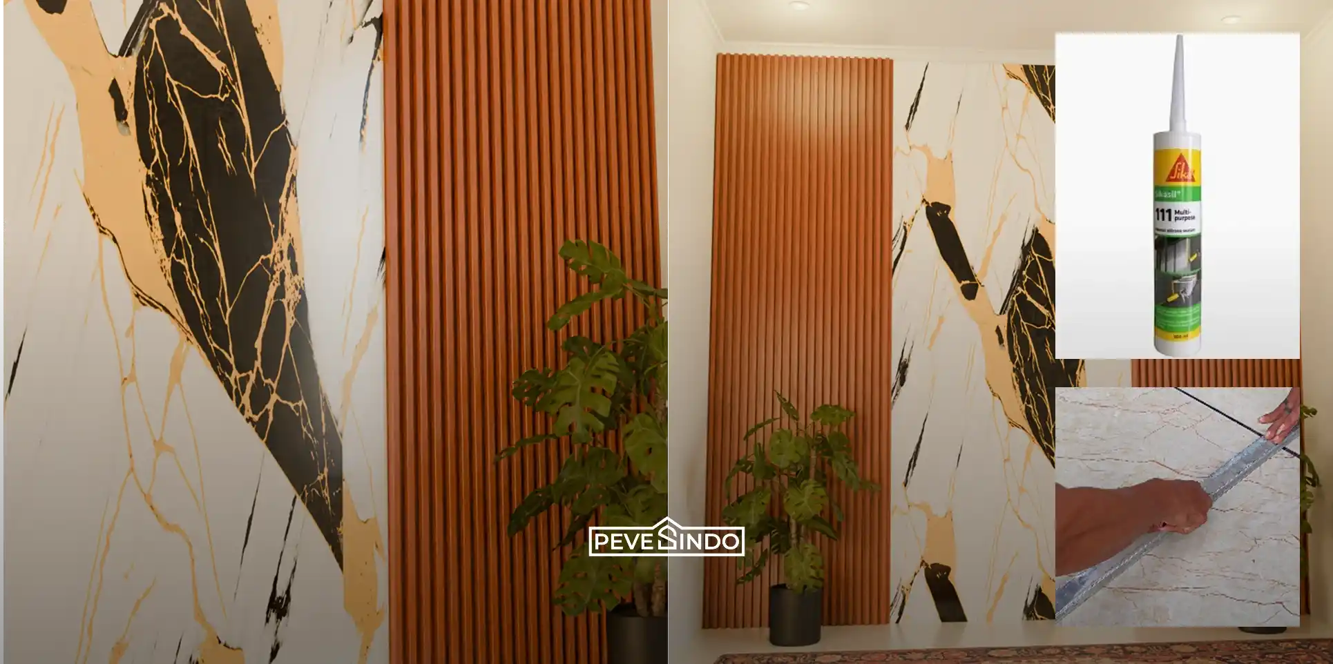 Aplikasi lem khusus UV Board pada bagian belakang panel sebelum pemasangan.