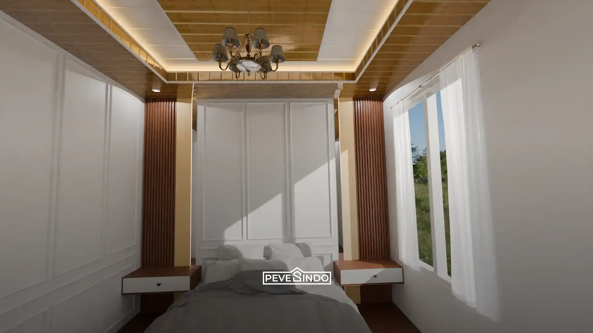 Kamar tidur nyaman dengan plafon PVC anti rayap dan desain interior yang bersih.