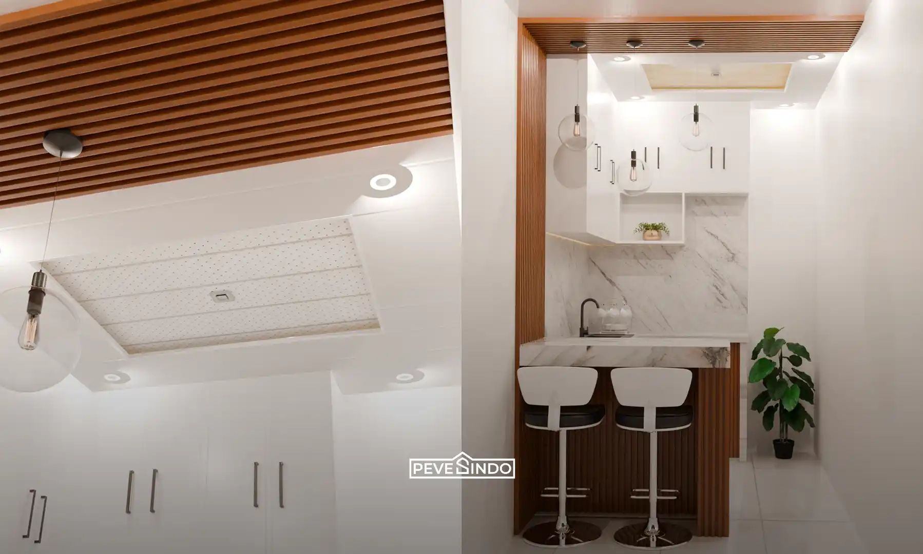 Dapur modern dengan plafon PVC motif kayu yang mudah dibersihkan dan dirawat.
