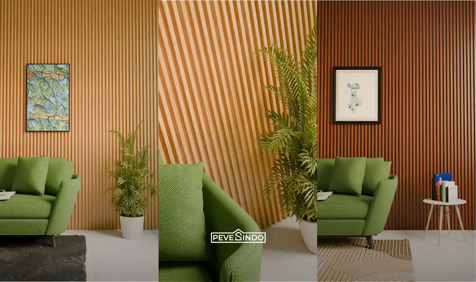 Pemasangan WPC wall panel warna kayu terang bergaris vertikal di area kasir cafe.