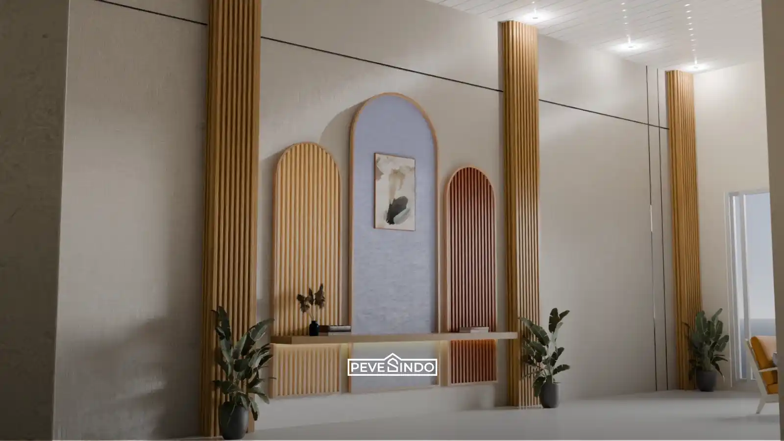 Dinding WPC wall panel bertekstur kayu yang dijadikan latar belakang foto instagramable di cafe.