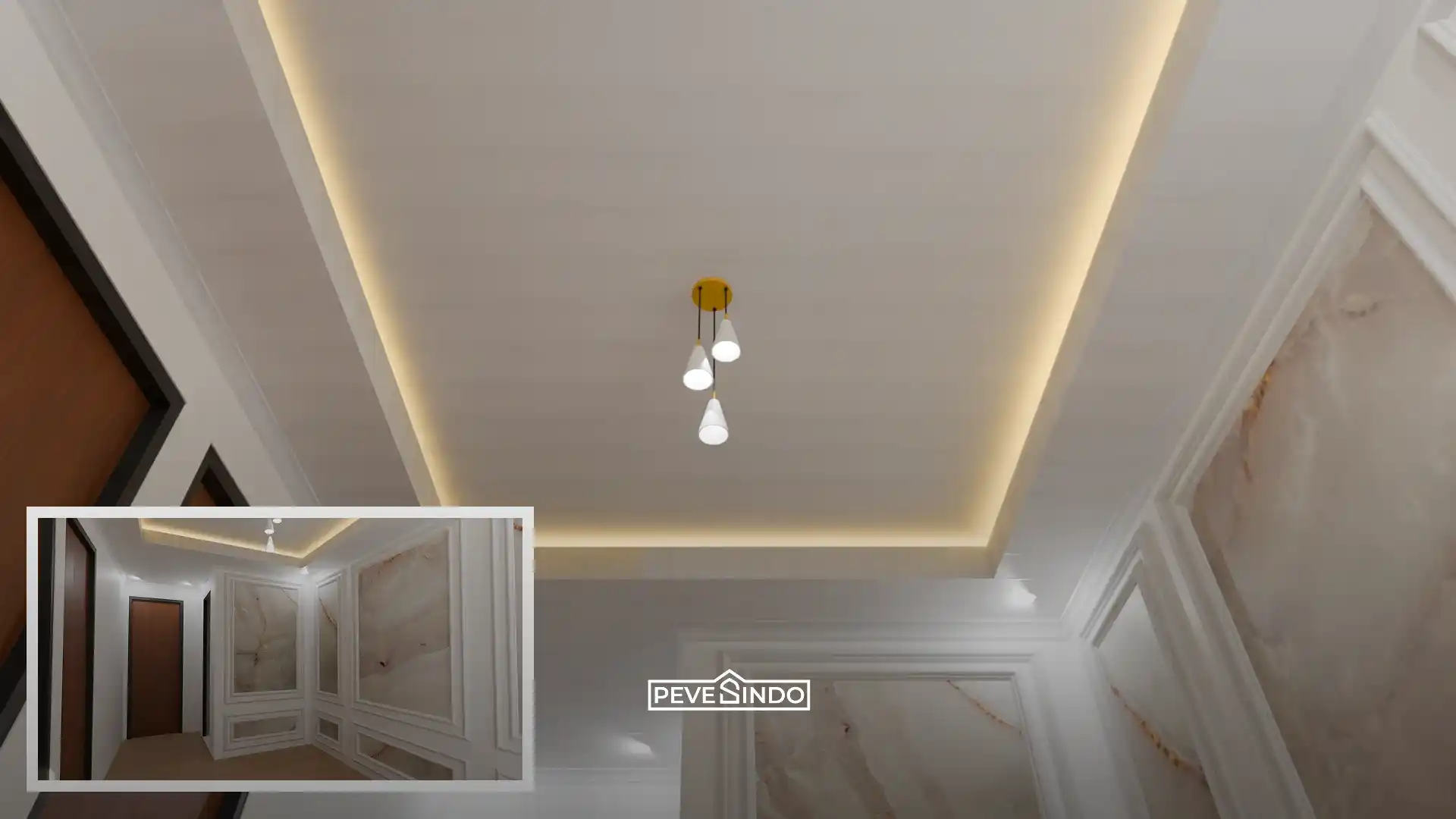 Desain lorong penginapan tropis elegan menggunakan plafon PVC putih model drop ceiling berlampu hangat dan pelapis dinding UV board motif marmer dari Pevesindo.