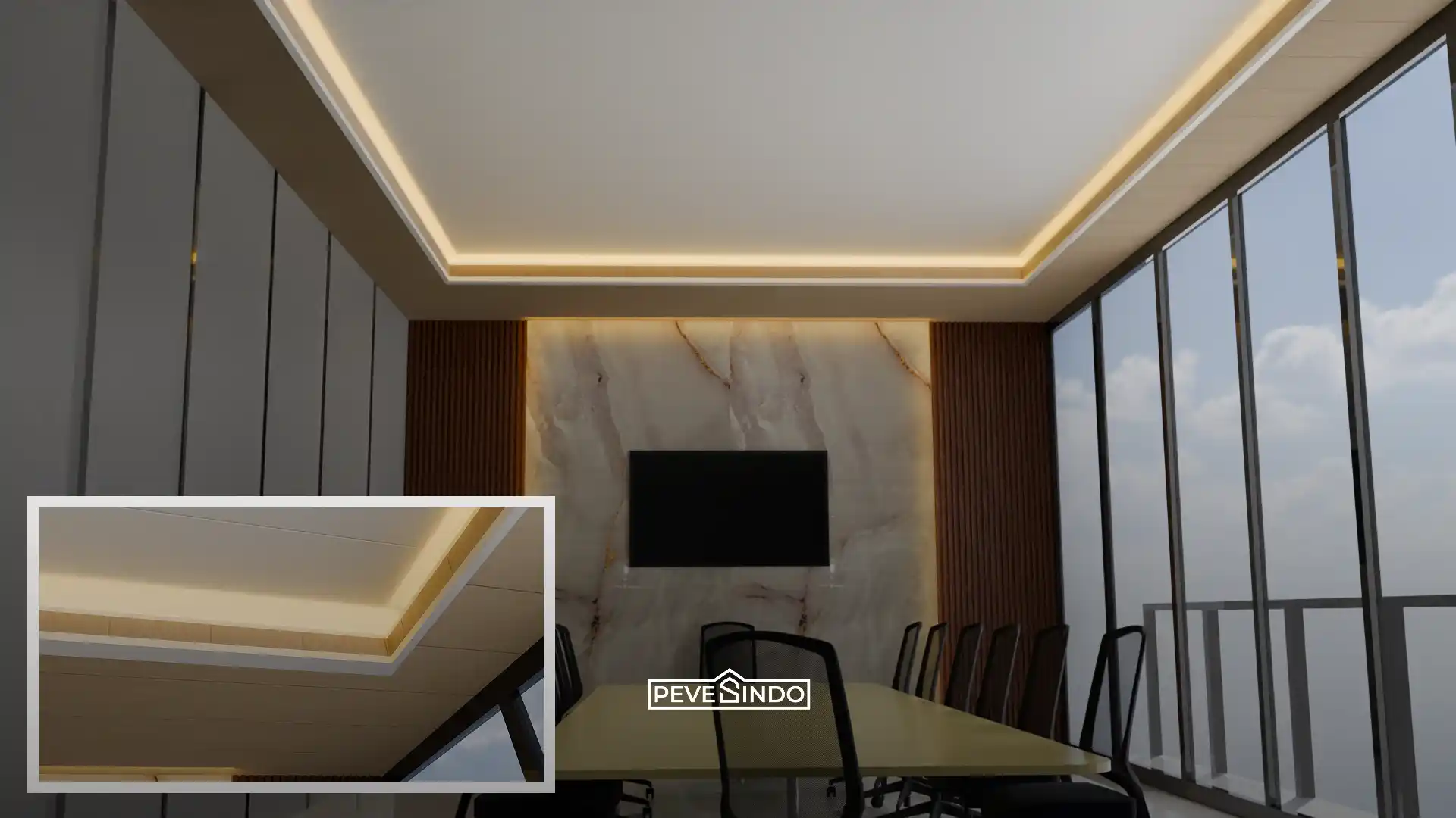 Interior ruang meeting modern dengan meja rapat, aksen dinding UV board marmer, WPC wallpanel vertikal, dan plafon PVC drop ceiling beraksen kayu dari Pevesindo.