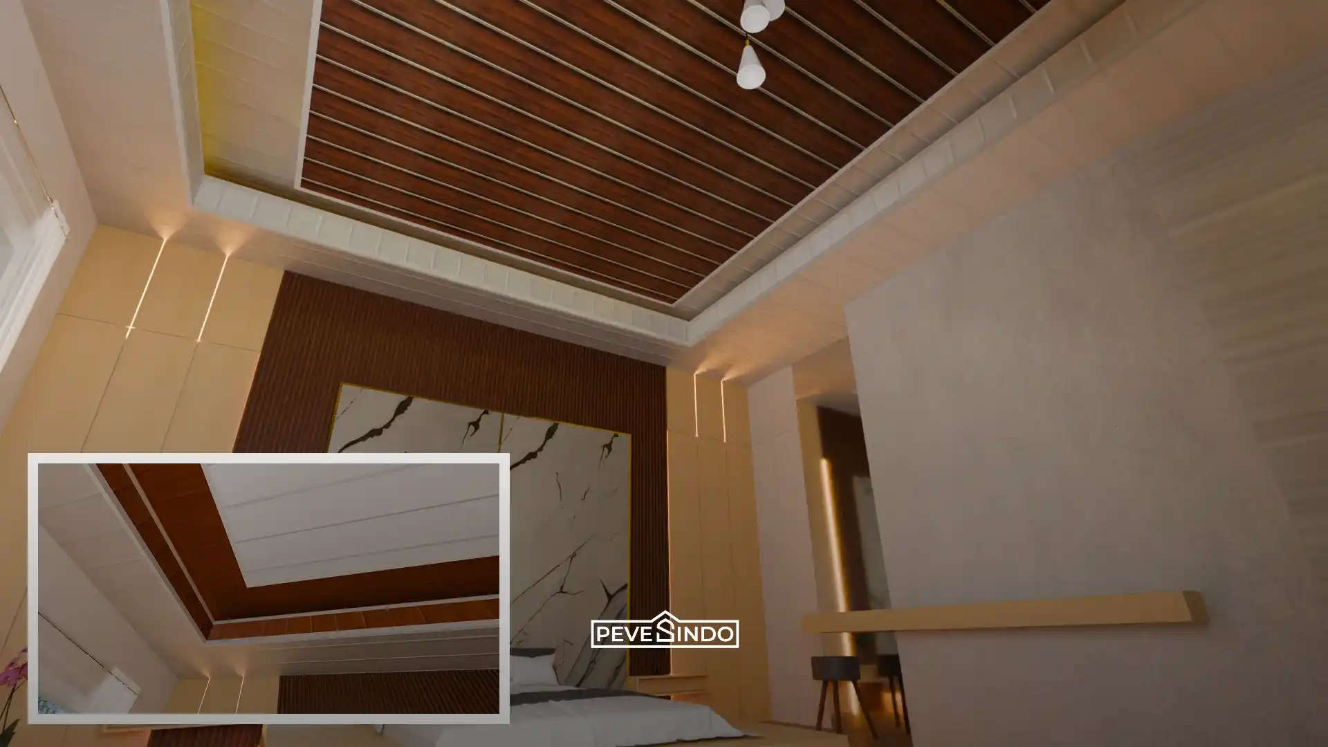Interior kamar tidur modern dengan plafon PVC drop ceiling perpaduan motif kayu dan putih, dilengkapi dinding aksen UV board marmer dan panel kayu WPC dari Pevesindo.