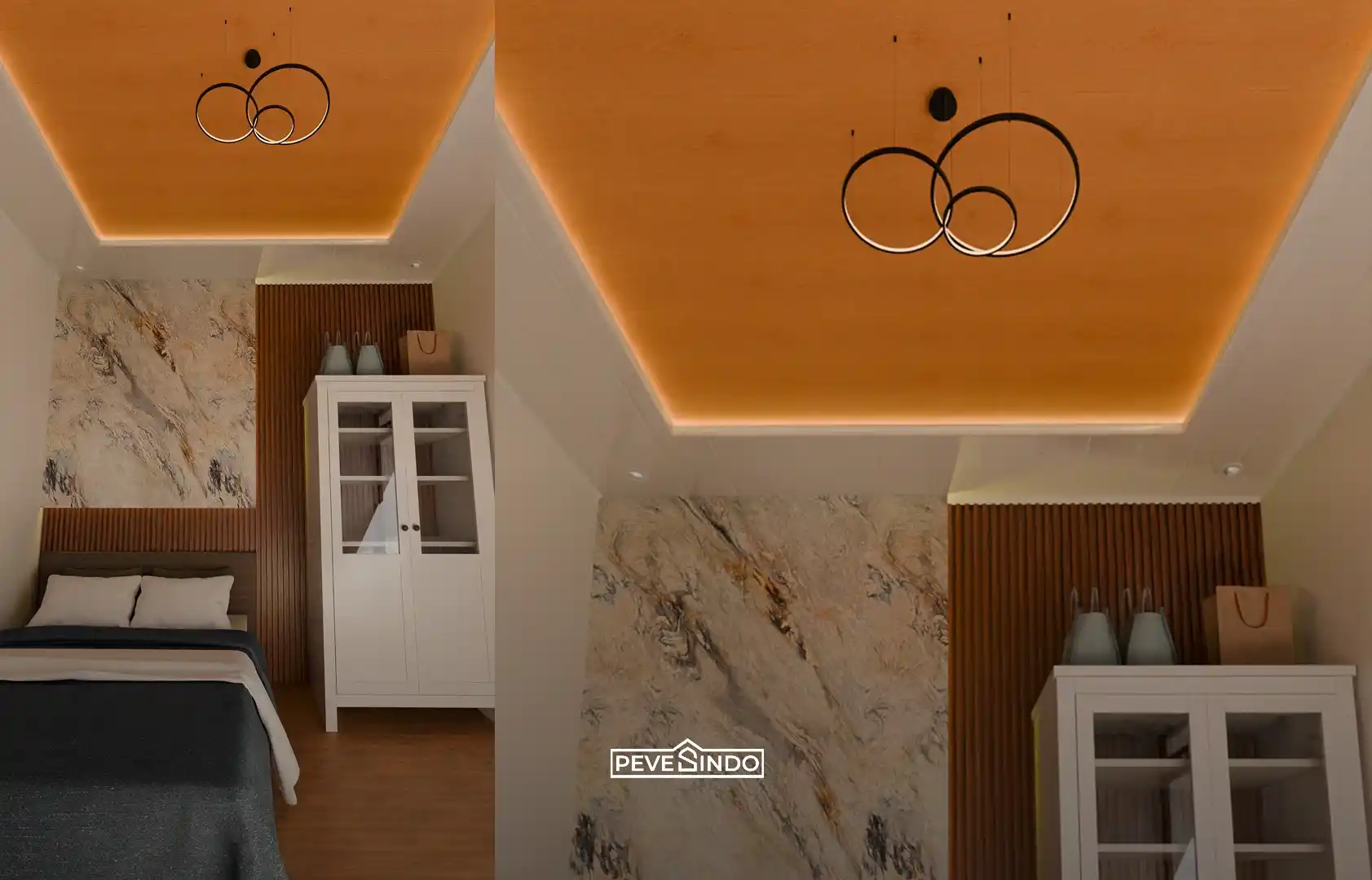 Interior kamar tidur berdesain hangat menggunakan plafon PVC drop ceiling motif kayu, WPC wallpanel vertikal, dan aksen dinding UV board marmer dari Pevesindo.