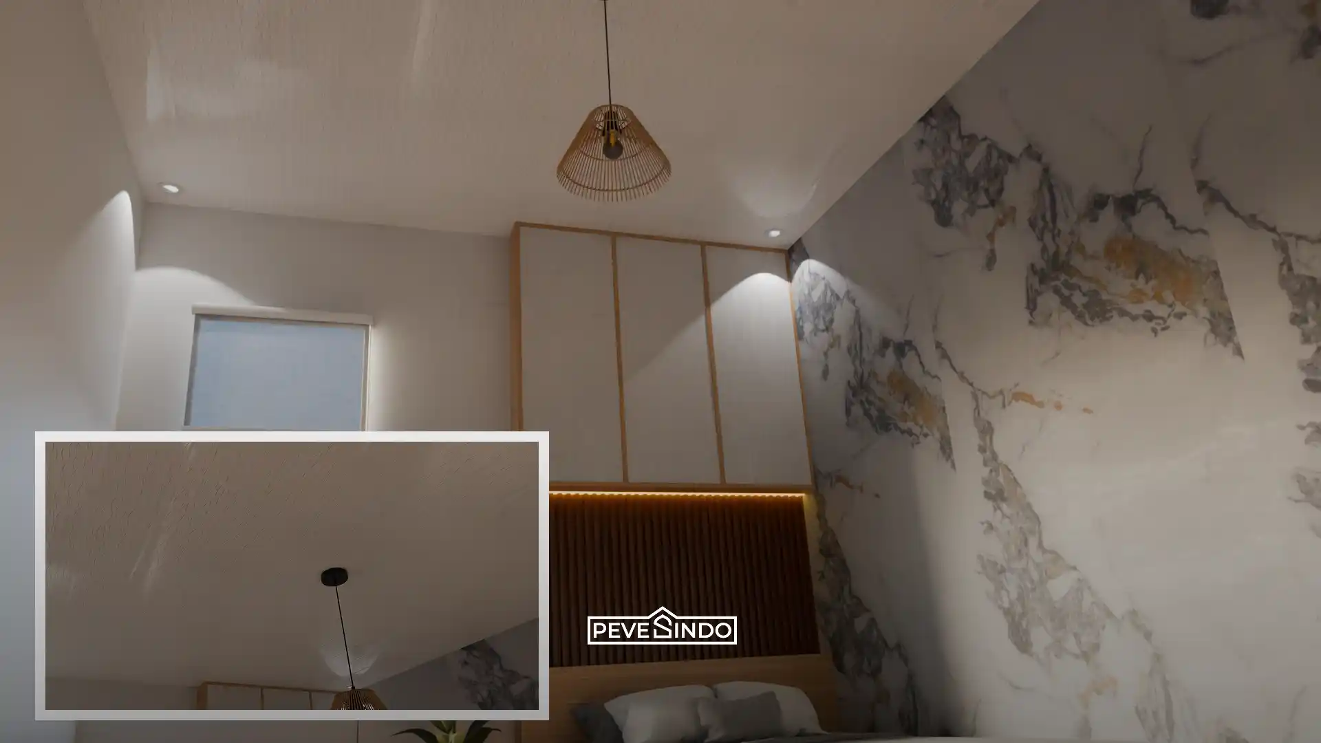 Desain interior kamar tidur modern menonjolkan dinding aksen UV board motif marmer putih, WPC wallpanel kayu, dan plafon PVC bertekstur dari Pevesindo.