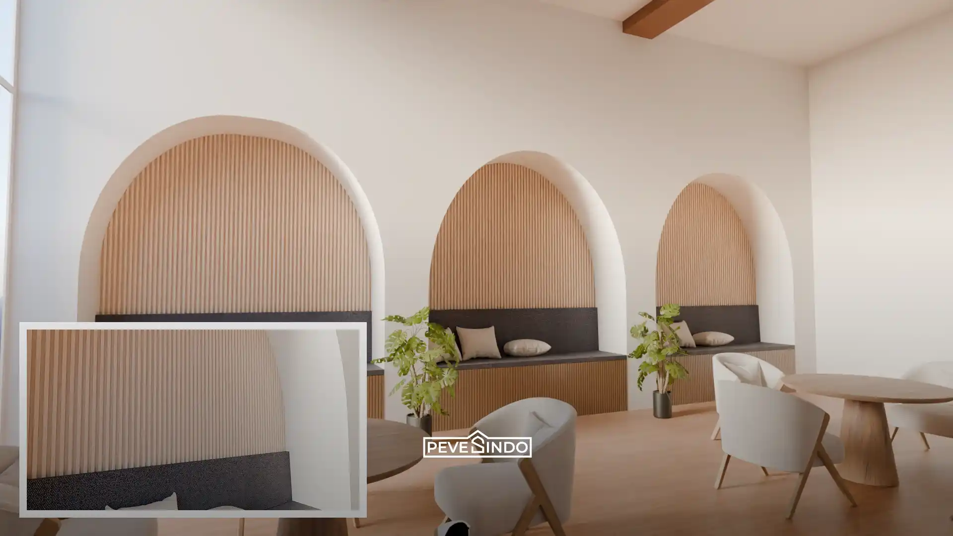 Interior cafe modern menggunakan WPC wall panel untuk penggunaan jangka panjang.