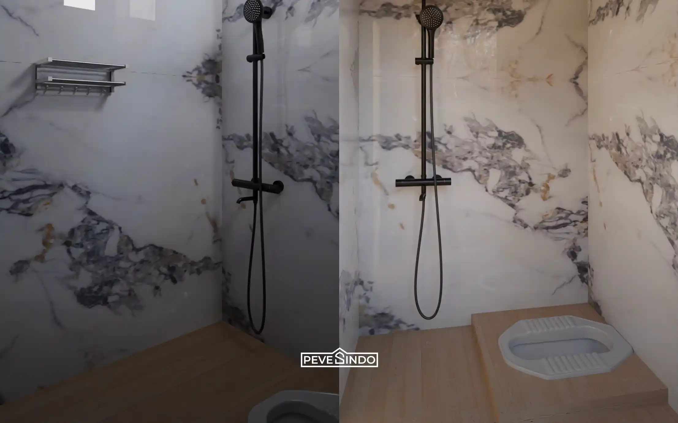 Aplikasi UV board kamar mandi pada dinding belakang kloset duduk berwarna putih.