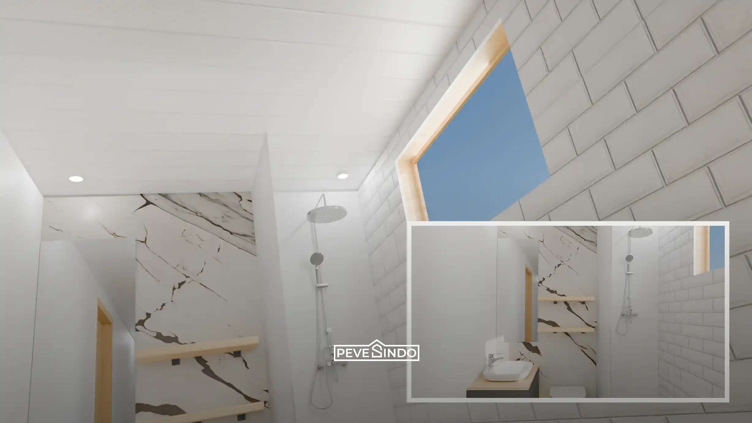 UV board digunakan sebagai pembatas area ganti baju di dalam kamar mandi modern.