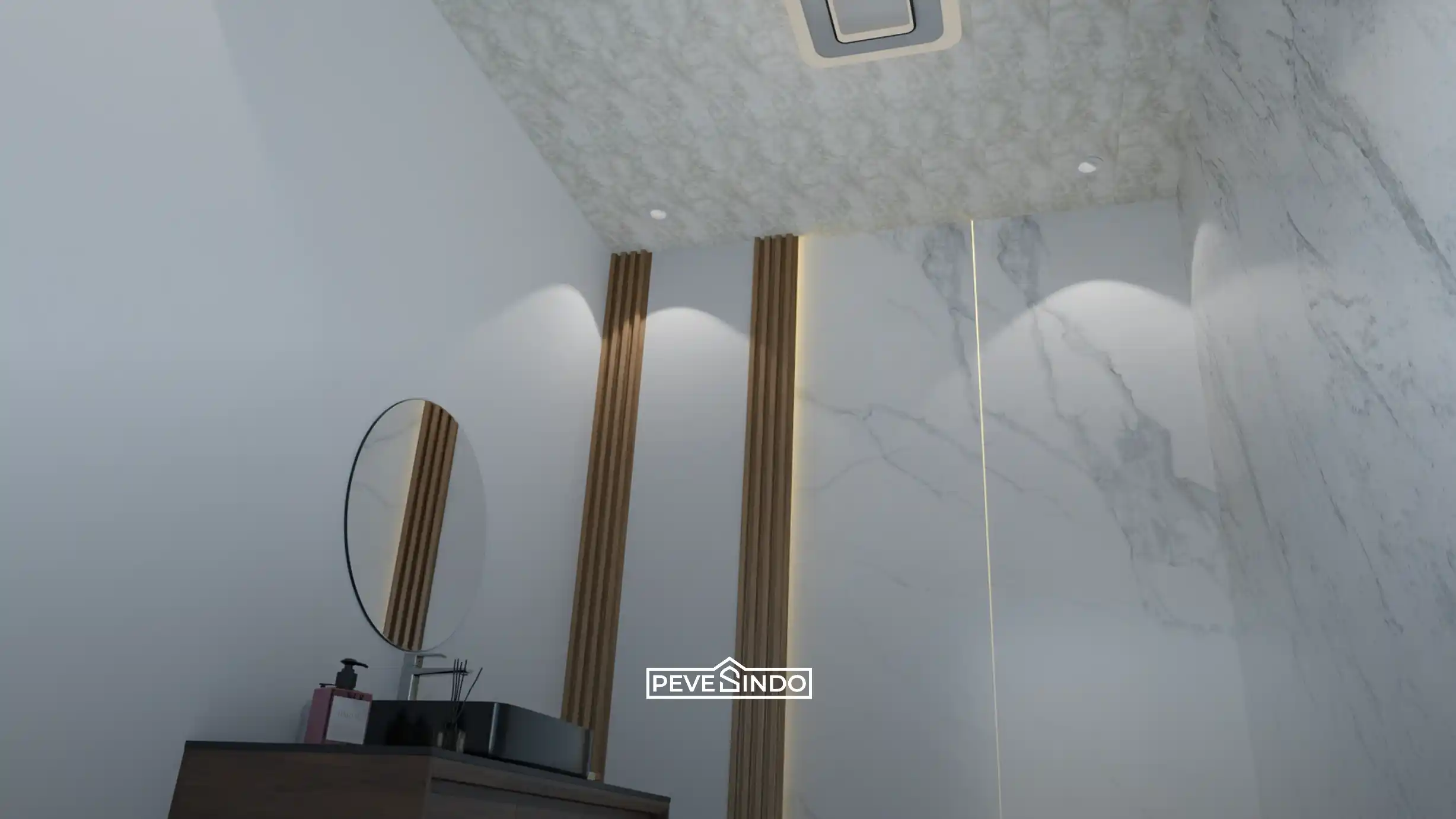 Desain cermin LED dengan latar belakang UV board kamar mandi bermotif marmer mewah.