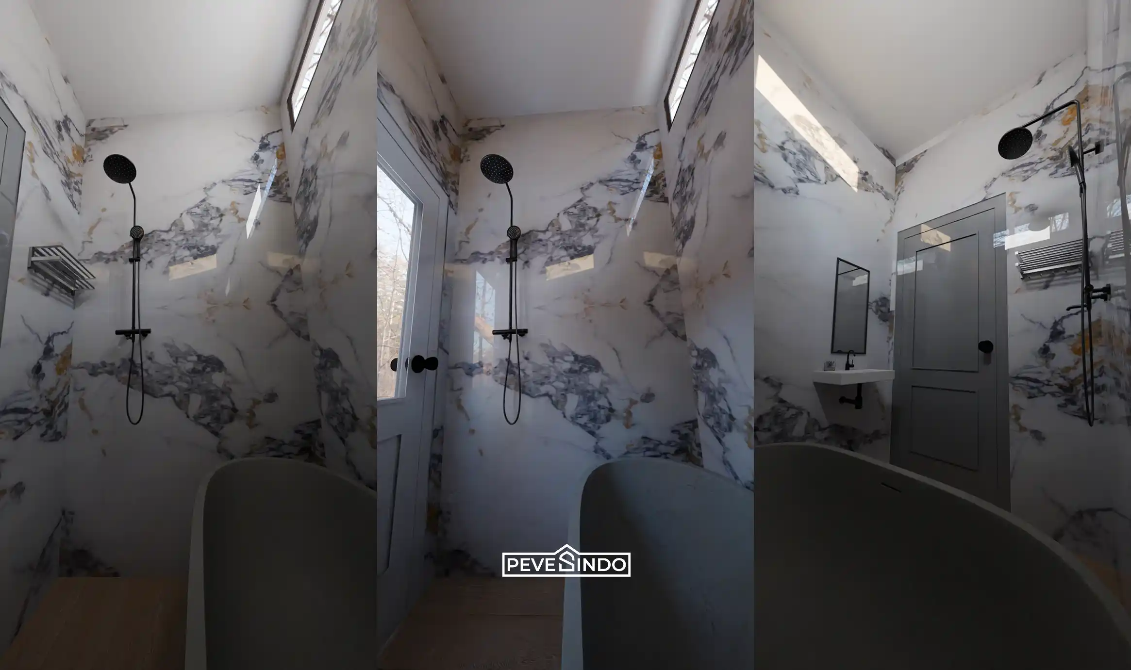 Pemasangan wall panel tahan lembap pada sudut kamar mandi dengan ventilasi terbatas.