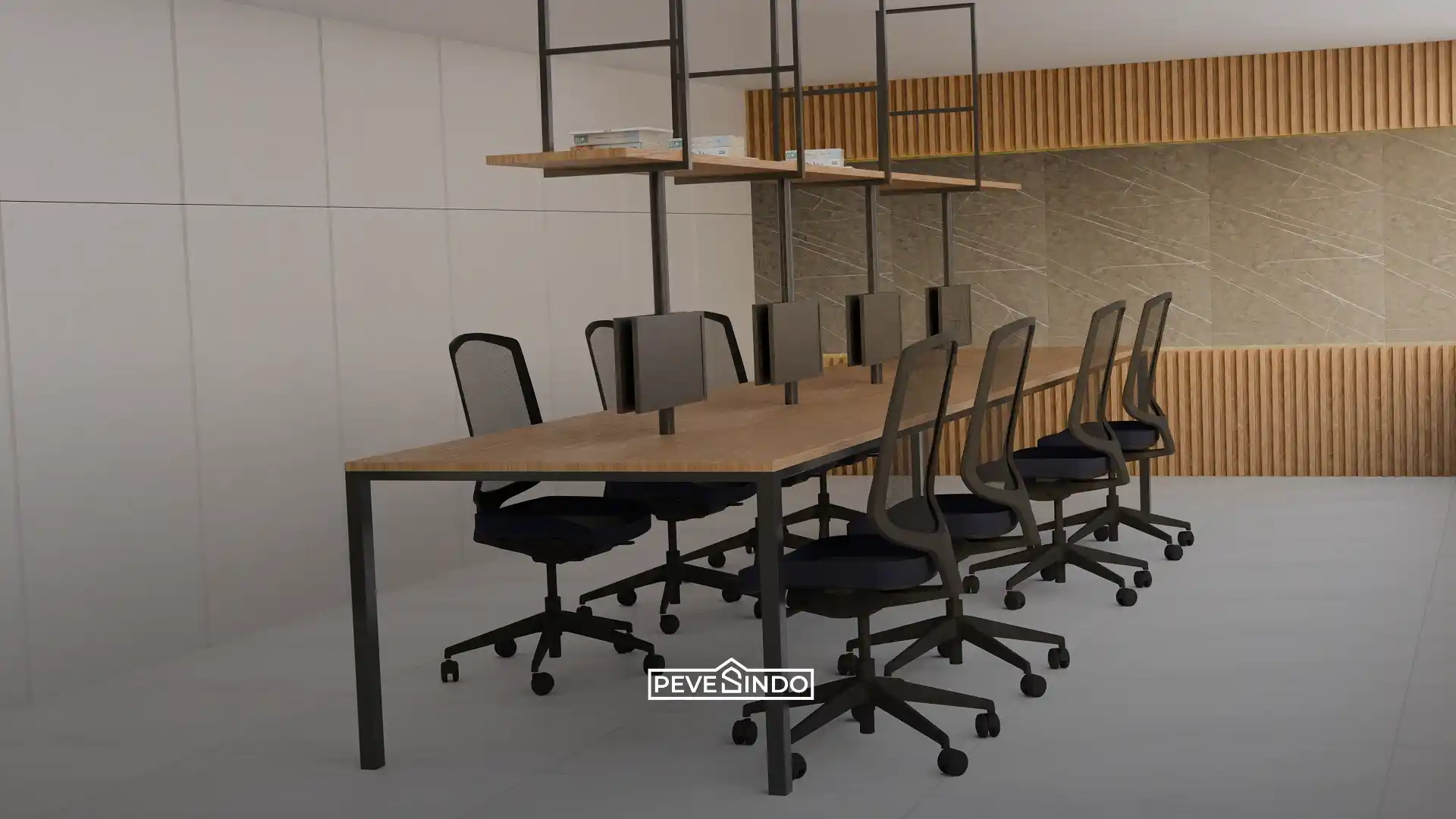 Desain dinding interior home office dengan kombinasi WPC panel kayu dan tekstur batu di bagian bawah.