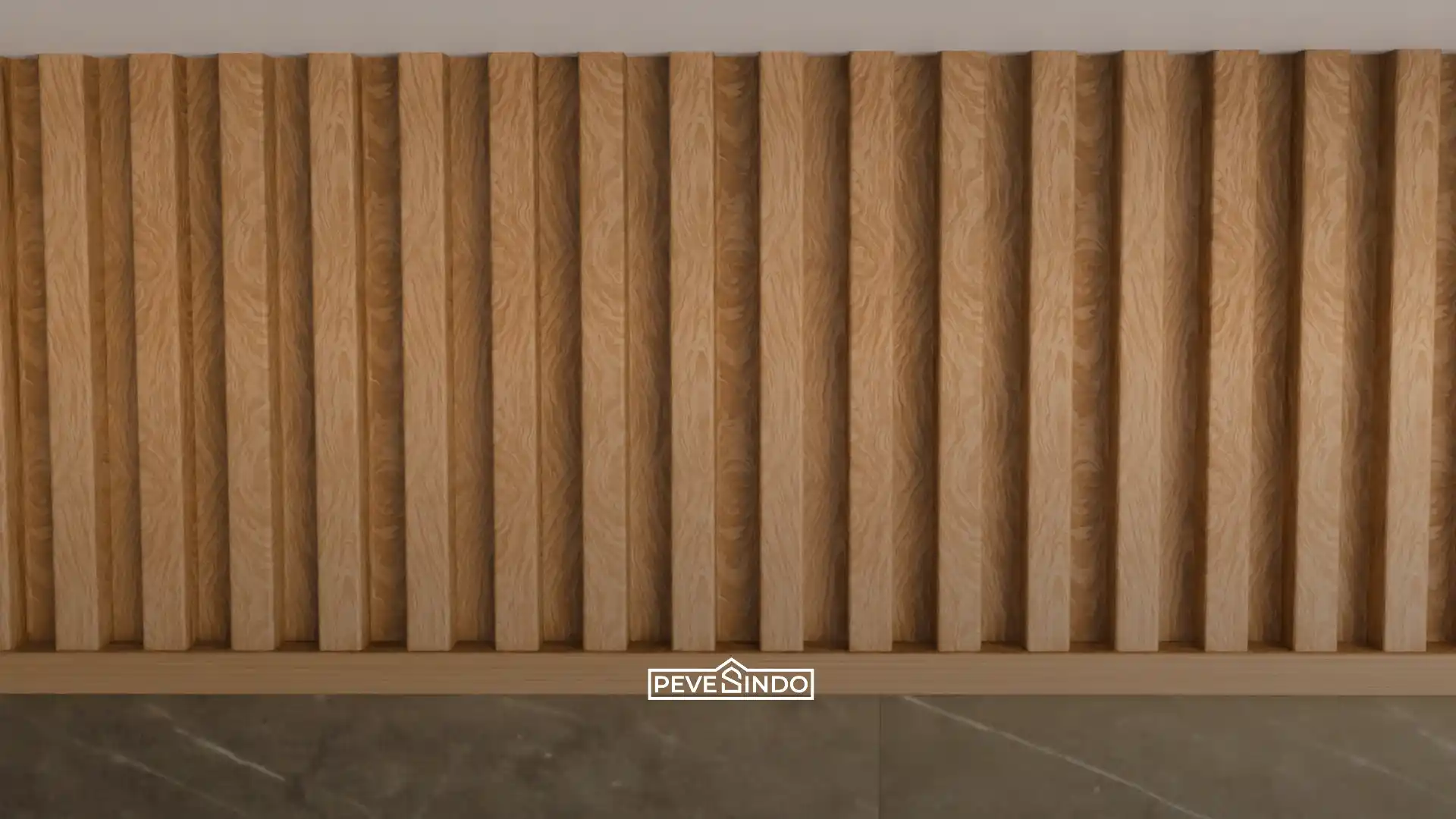 Detail tekstur kayu natural pada WPC fluted panel yang anti air dan tahan rayap.