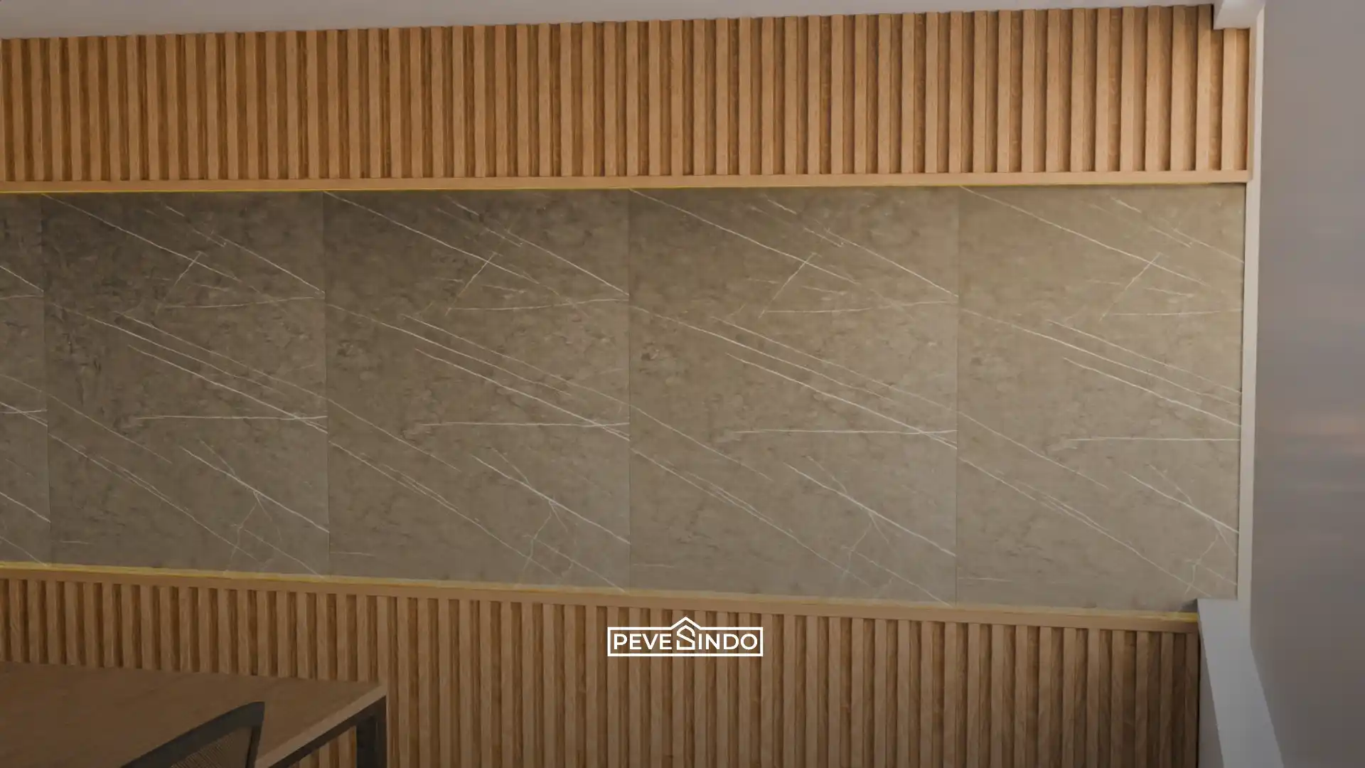 Pemasangan WPC fluted panel warna kayu cerah sebagai background ruang kerja untuk video call.