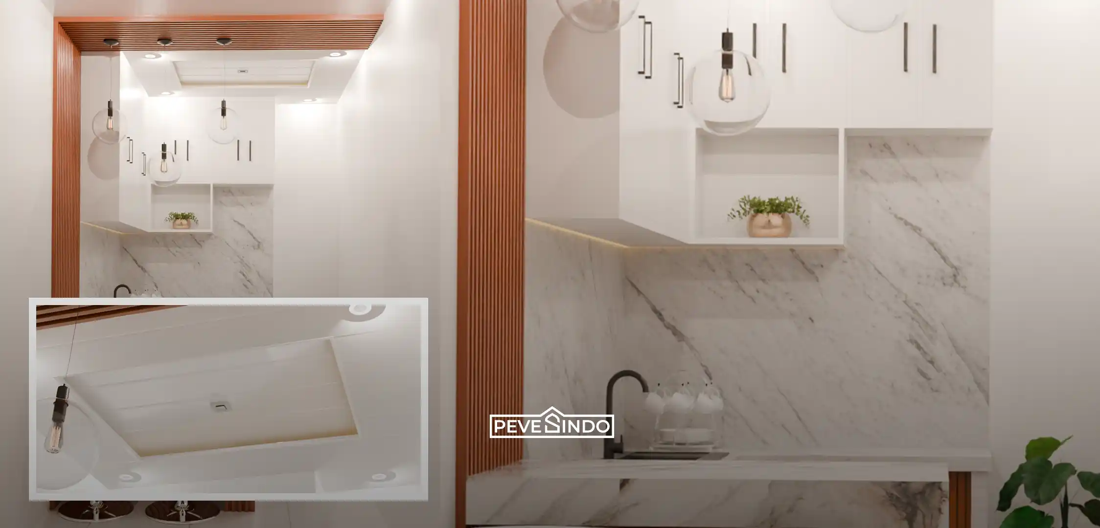 Plafon PVC putih membuat dapur sempit terlihat lebih terang dan terasa lebih luas.