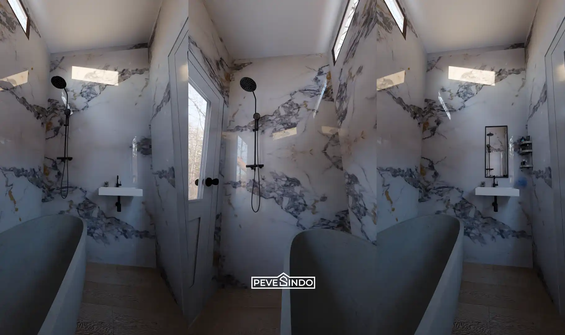 Lorong rumah terlihat lebih terang dengan kombinasi UV board cerah dan plafon PVC putih.