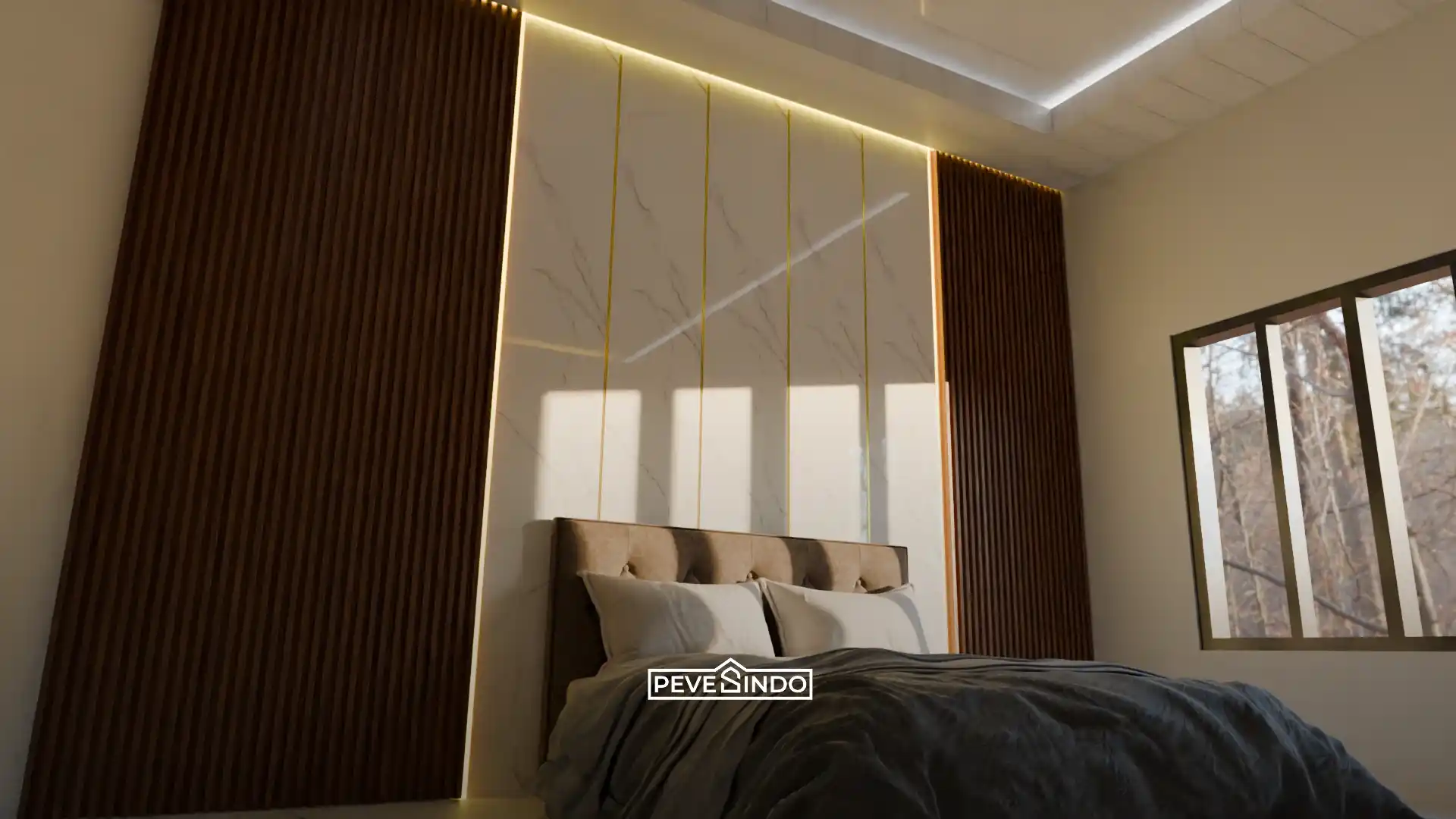 Kamar tidur apartemen studio terasa lebih lega dengan kombinasi UV board dan plafon PVC putih.