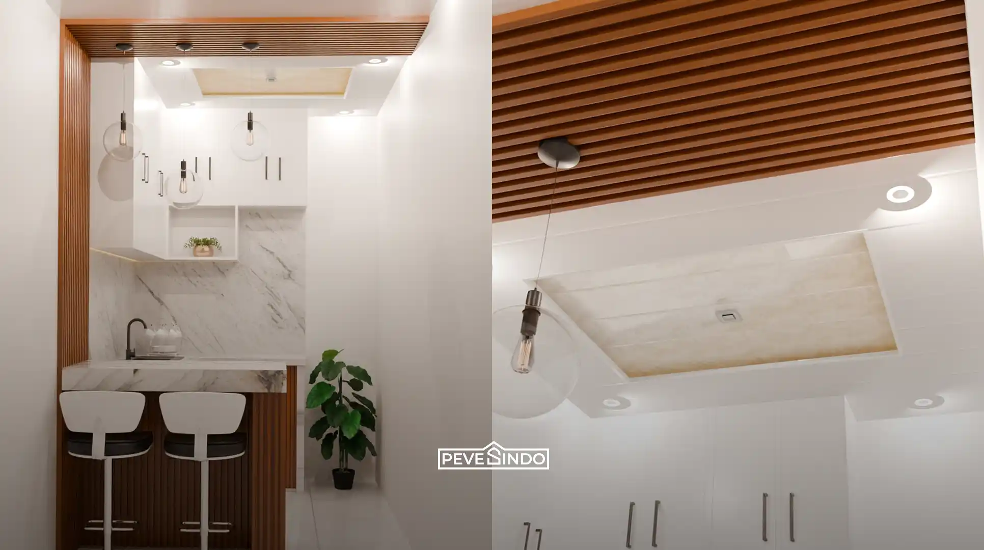 Desain plafon PVC drop ceiling di atas meja makan sebagai pembatas visual ruang makan dan ruang keluarga.