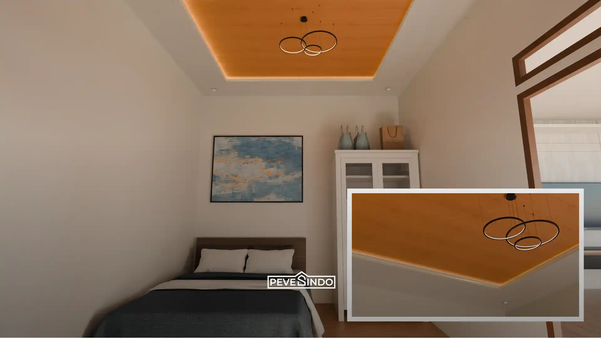 Lampu gantung ruang makan yang dipasang pada plafon PVC drop ceiling dengan tampilan rapi dan modern.