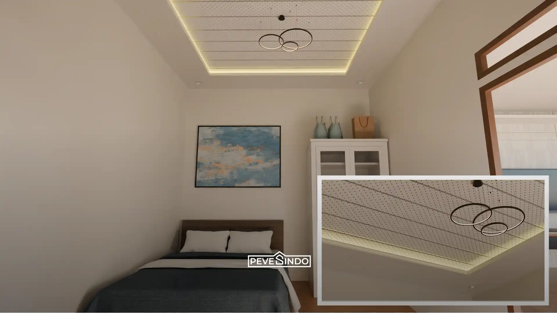 Hidden LED pada desain plafon PVC drop ceiling yang memberikan pencahayaan hangat di ruang makan.