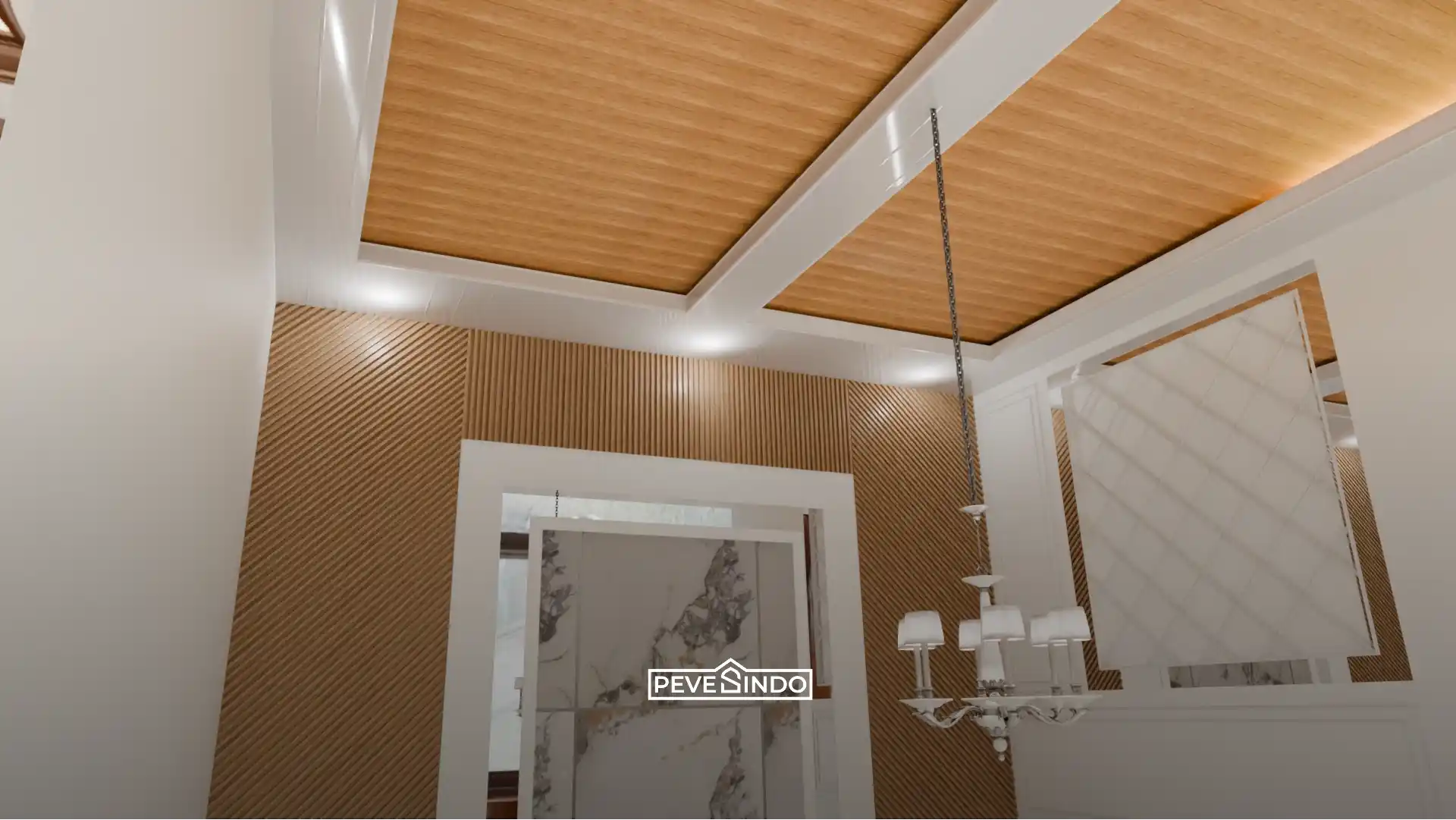 Desain plafon PVC drop ceiling untuk menyesuaikan proporsi ruang makan dengan langit-langit tinggi.