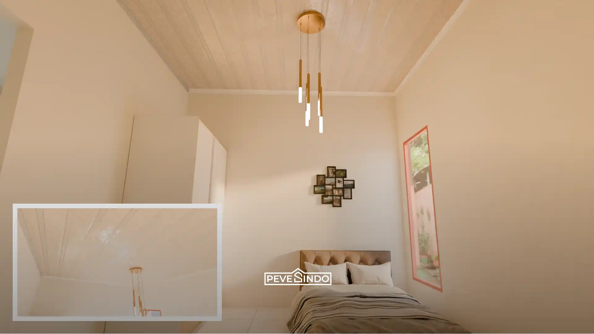 Desain plafon PVC drop ceiling bertingkat yang menambah dimensi visual pada ruang makan modern.