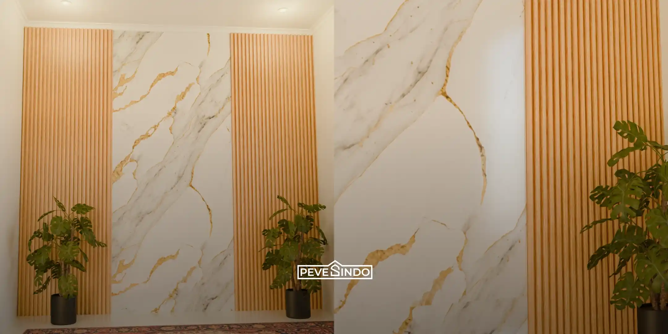 Pemasangan UV Board Pevesindo motif marmer elegan yang dipadukan dengan panel kayu pada area belakang ranjang.