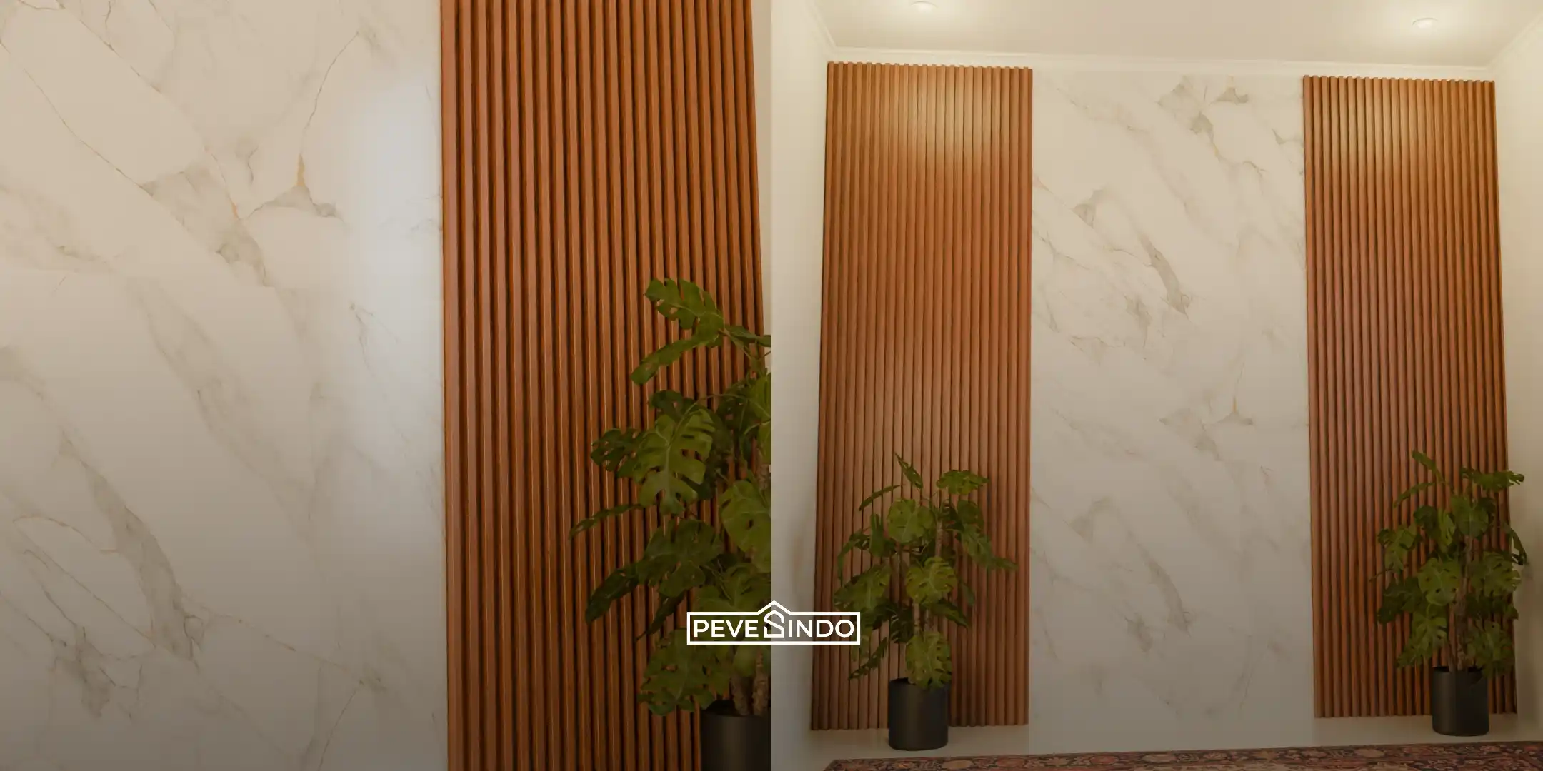 Kamar tidur modern dengan backdrop UV Board motif marmer yang memberikan transformasi cepat dan elegan.