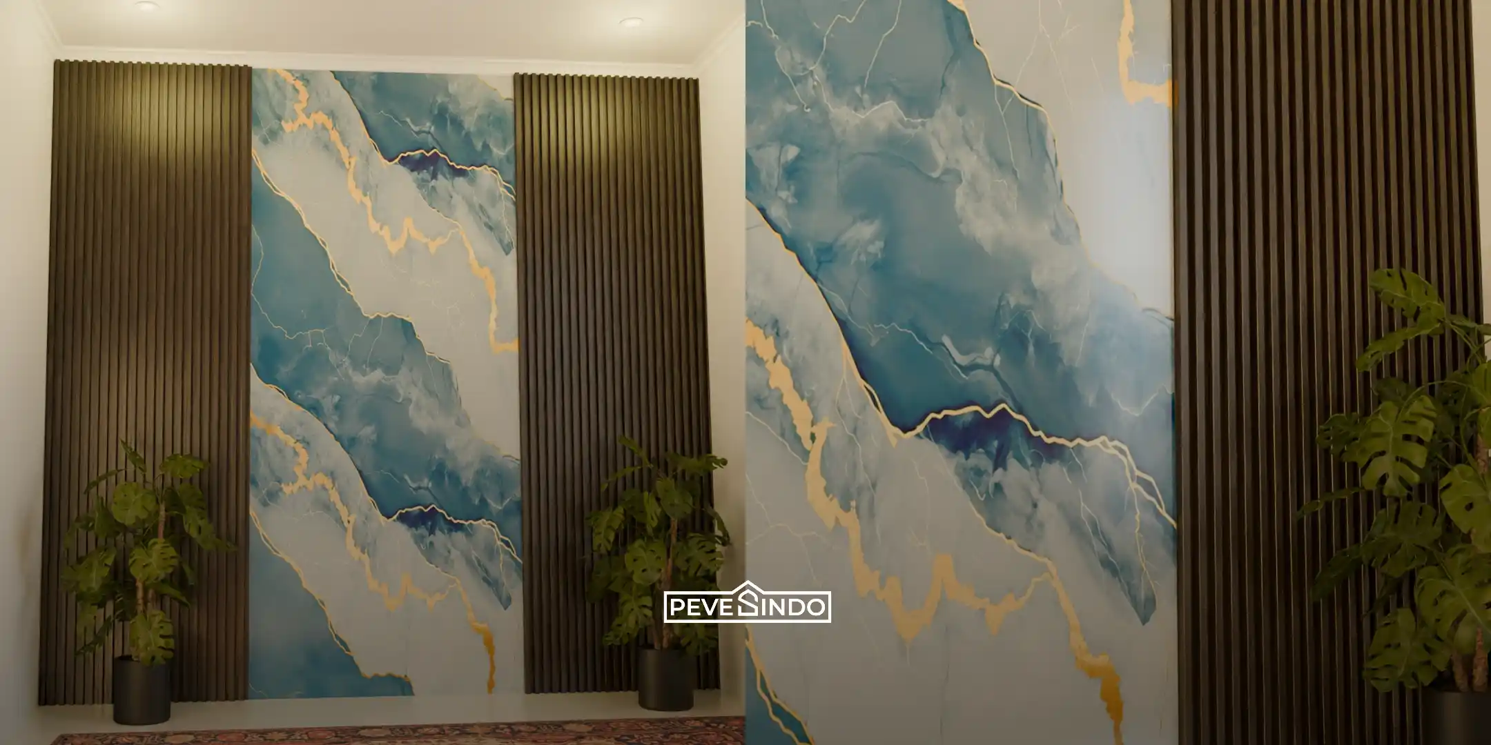 Permukaan UV Board mengilap yang mudah dibersihkan dan cocok untuk backdrop ranjang hotel maupun hunian.