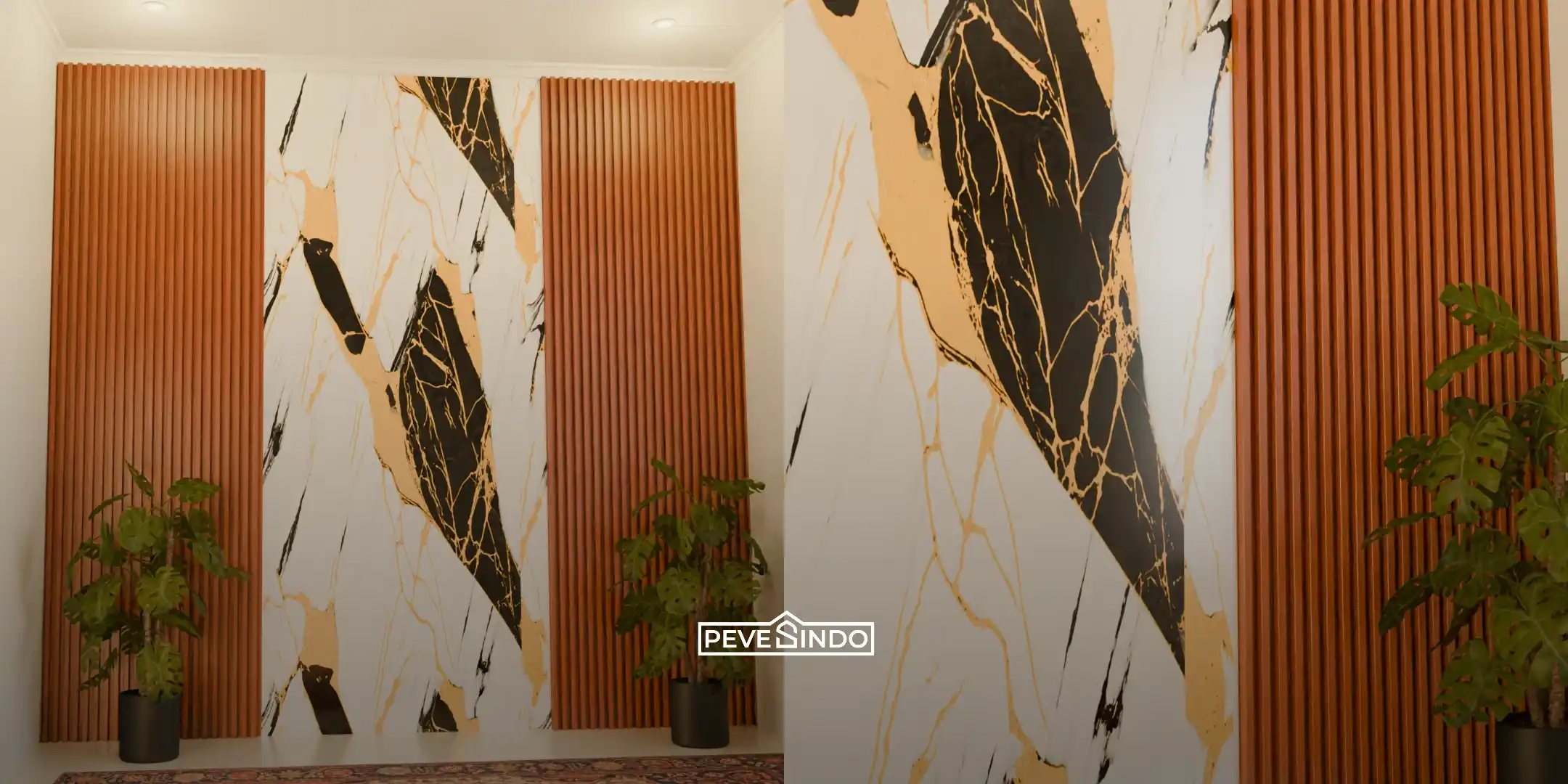 Backdrop ranjang bermotif marmer dengan desain tipis yang memberikan kesan mewah pada kamar berukuran terbatas.