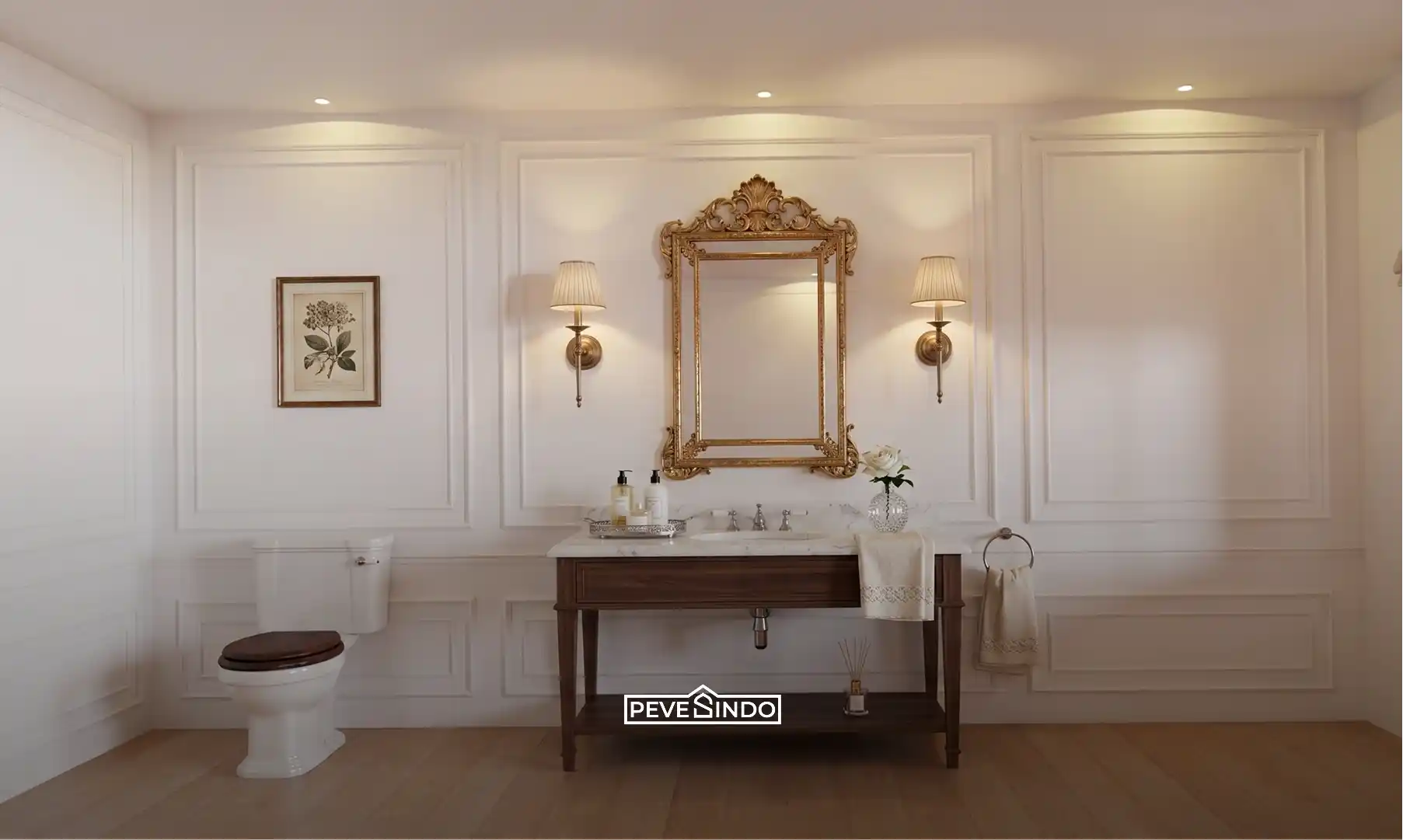 Powder room klinik kecantikan dengan moulding PVC tahan lembap dan mudah dirawat.