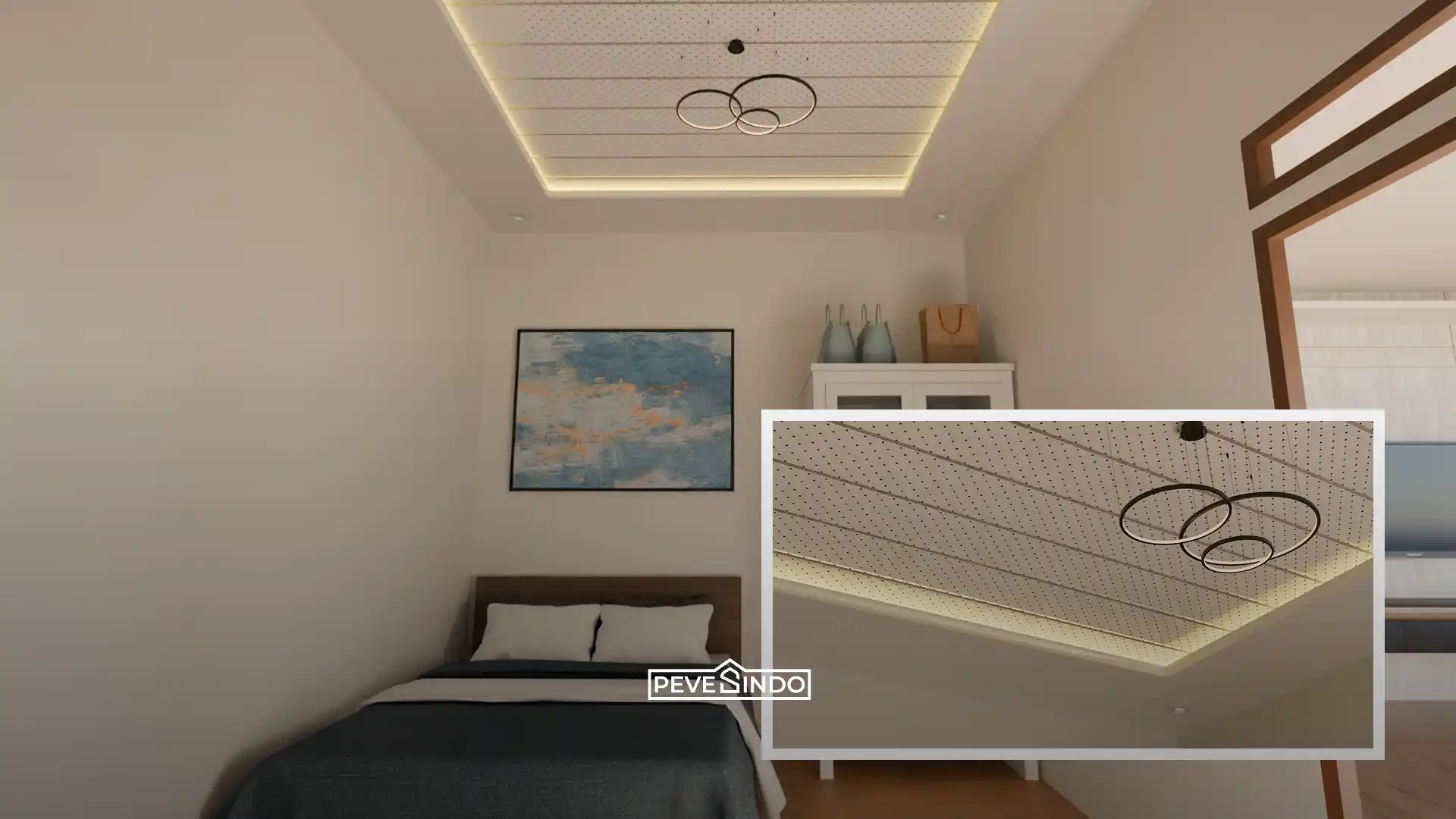 Kamar tidur yang nyaman menggunakan plafon PVC anti rayap.