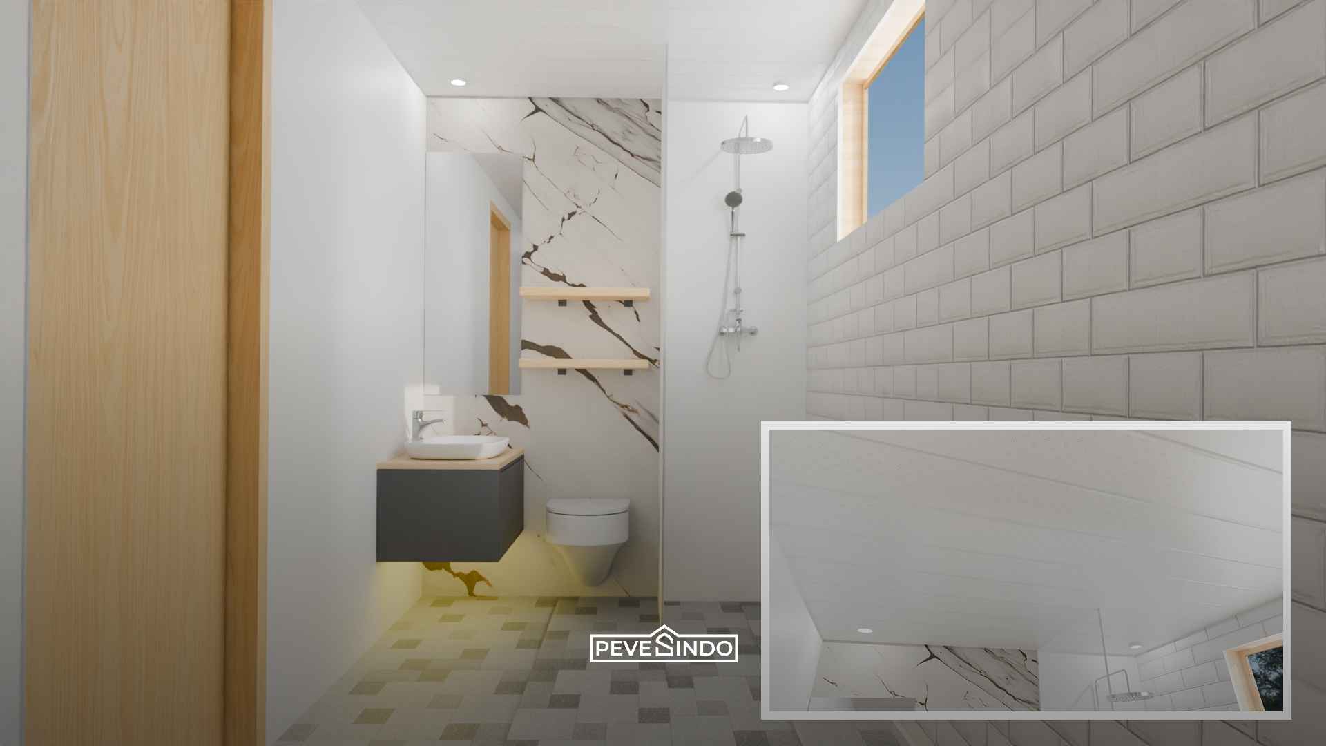 Plafon PVC tahan air pada area kamar mandi dan ruang cuci.