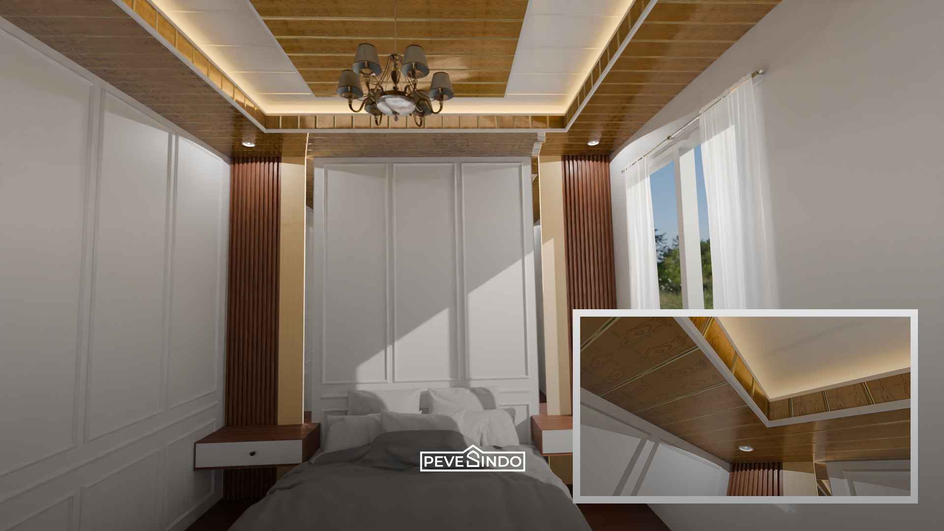 Plafon PVC pada kamar tidur dengan tampilan bersih dan modern.
