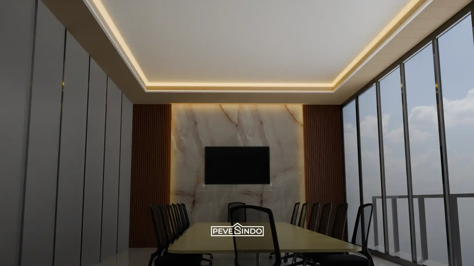 Ruang kerja modern menggunakan plafon PVC bermotif yang dipasang tanpa proses pengecatan tambahan.