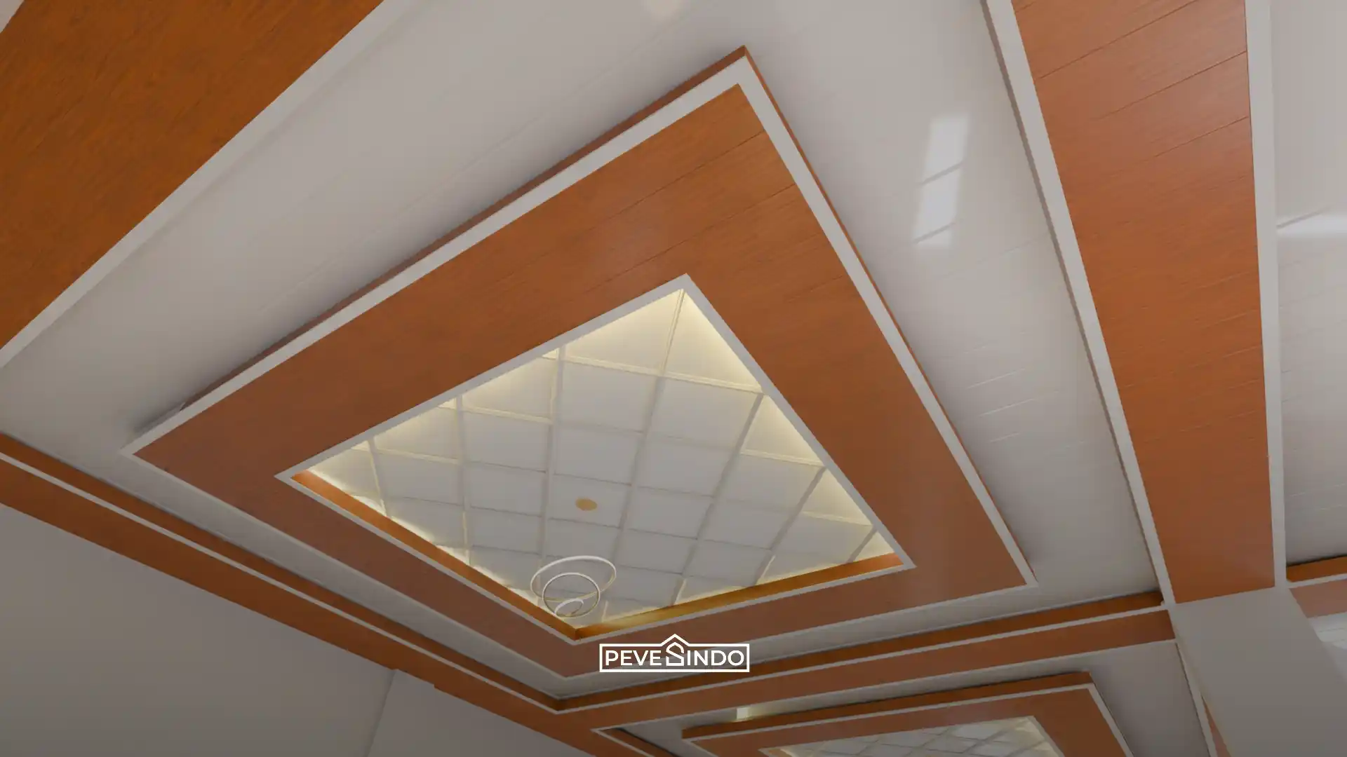 Plafon PVC model drop ceiling minimalis dengan pencahayaan lampu LED hangat.