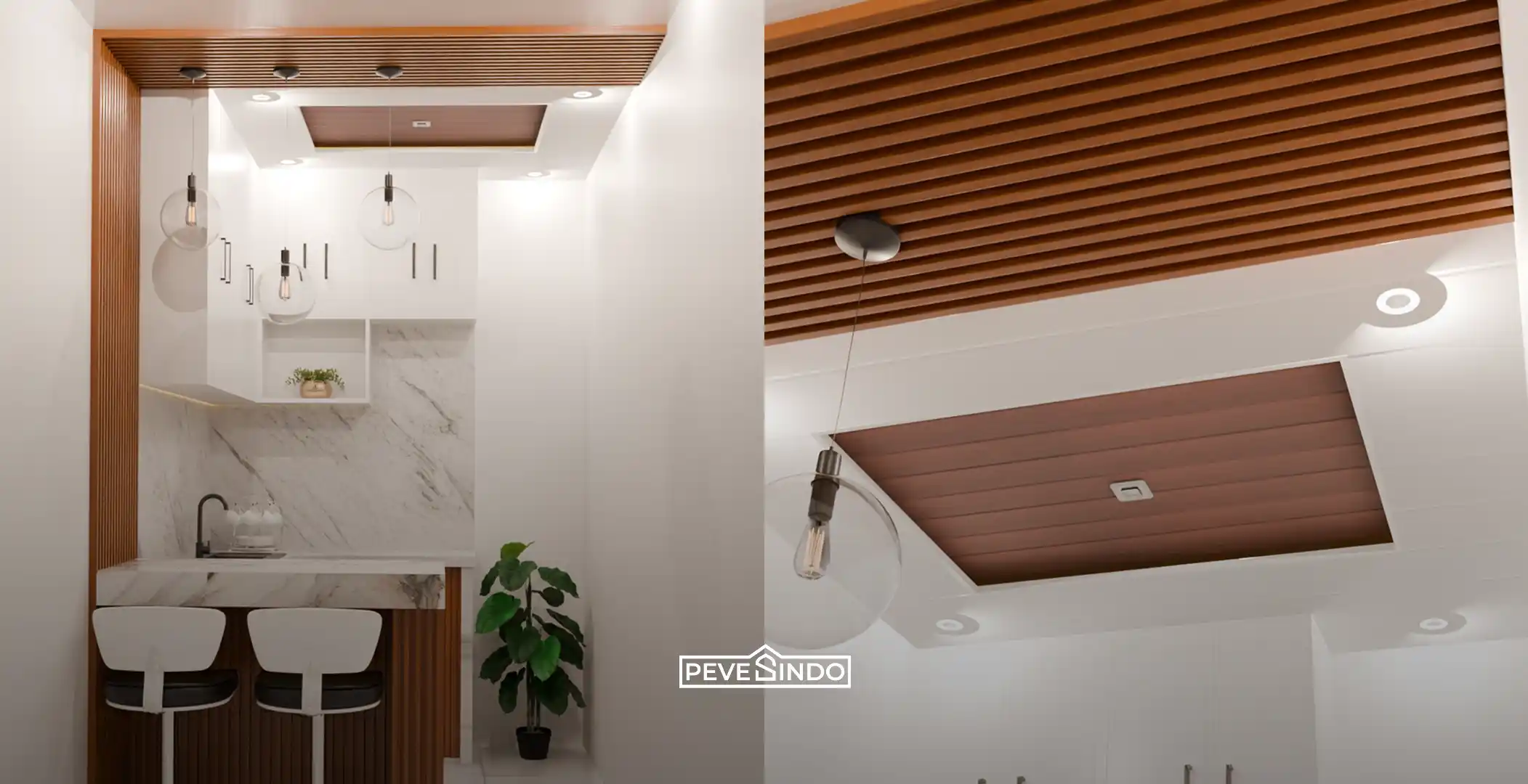 Plafon PVC glossy warna cerah untuk dapur yang bersih dan mudah dirawat.