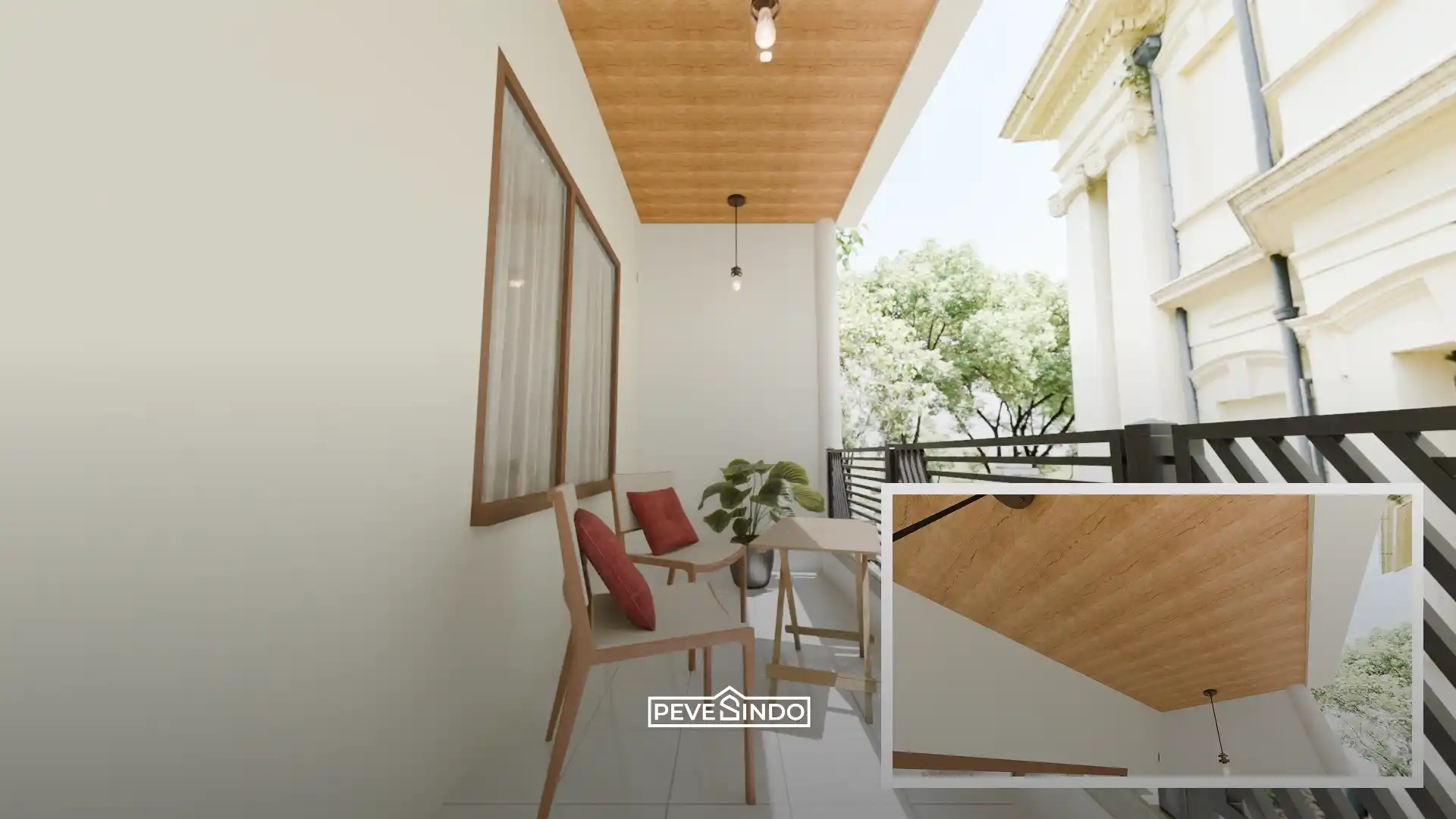Area balkon minimalis dengan aplikasi plafon PVC motif kayu panjang 4 meter dari Pevesindo yang terlihat rapi, lengkap dengan meja dan kursi santai.